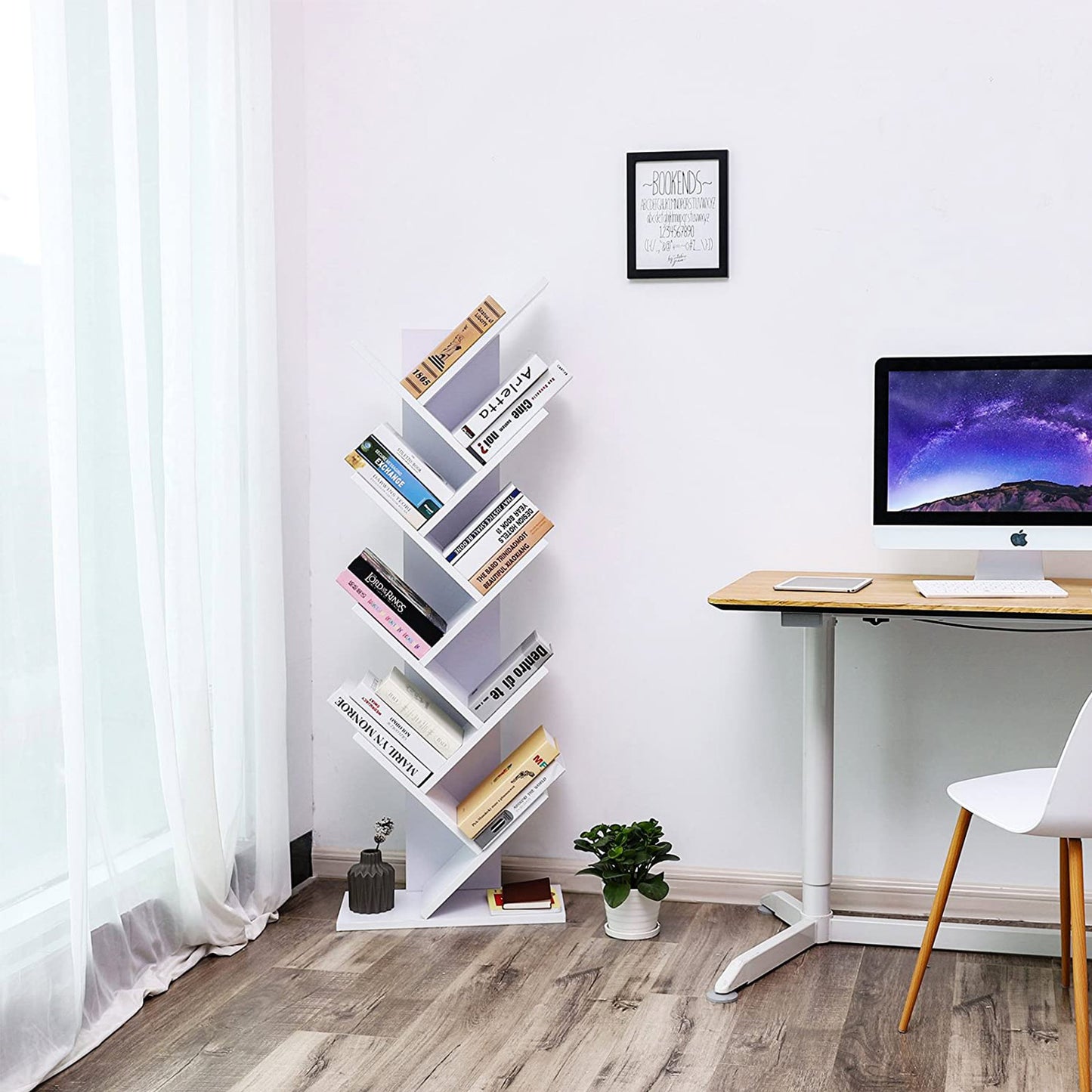 VASAGLE Tree Bookshelf, 8 Tier Floor Standing Bookcase with Wooden Shelves for Living Room, Home Office, White LBC11WTV1