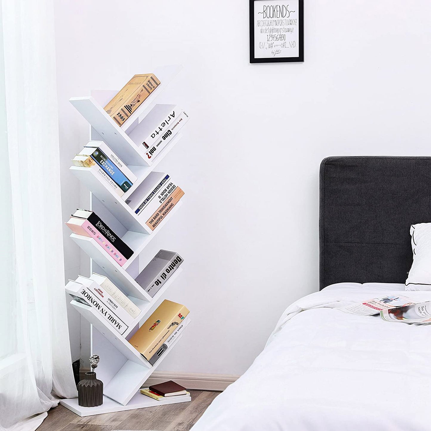 VASAGLE Tree Bookshelf, 8 Tier Floor Standing Bookcase with Wooden Shelves for Living Room, Home Office, White LBC11WTV1
