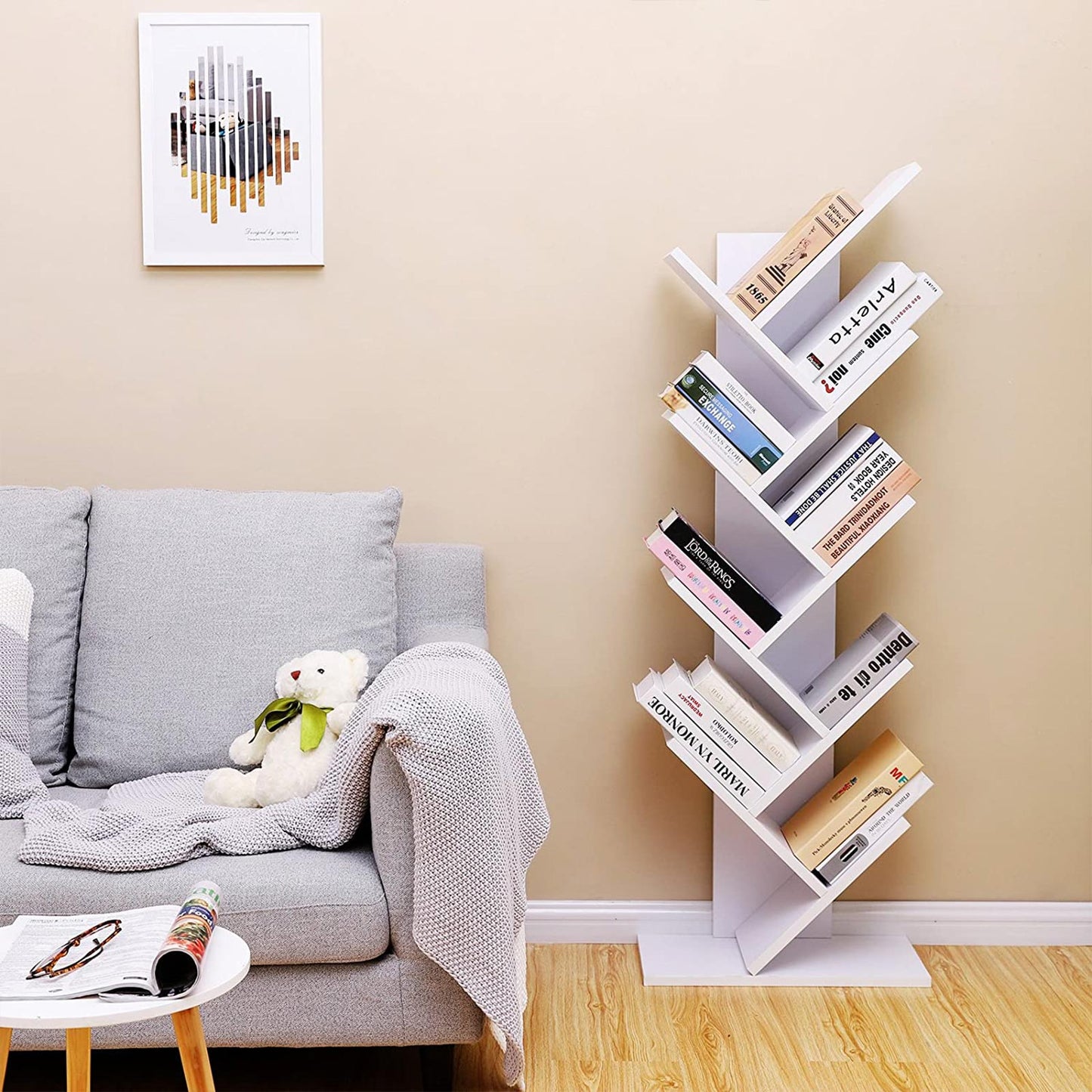 VASAGLE Tree Bookshelf, 8 Tier Floor Standing Bookcase with Wooden Shelves for Living Room, Home Office, White LBC11WTV1