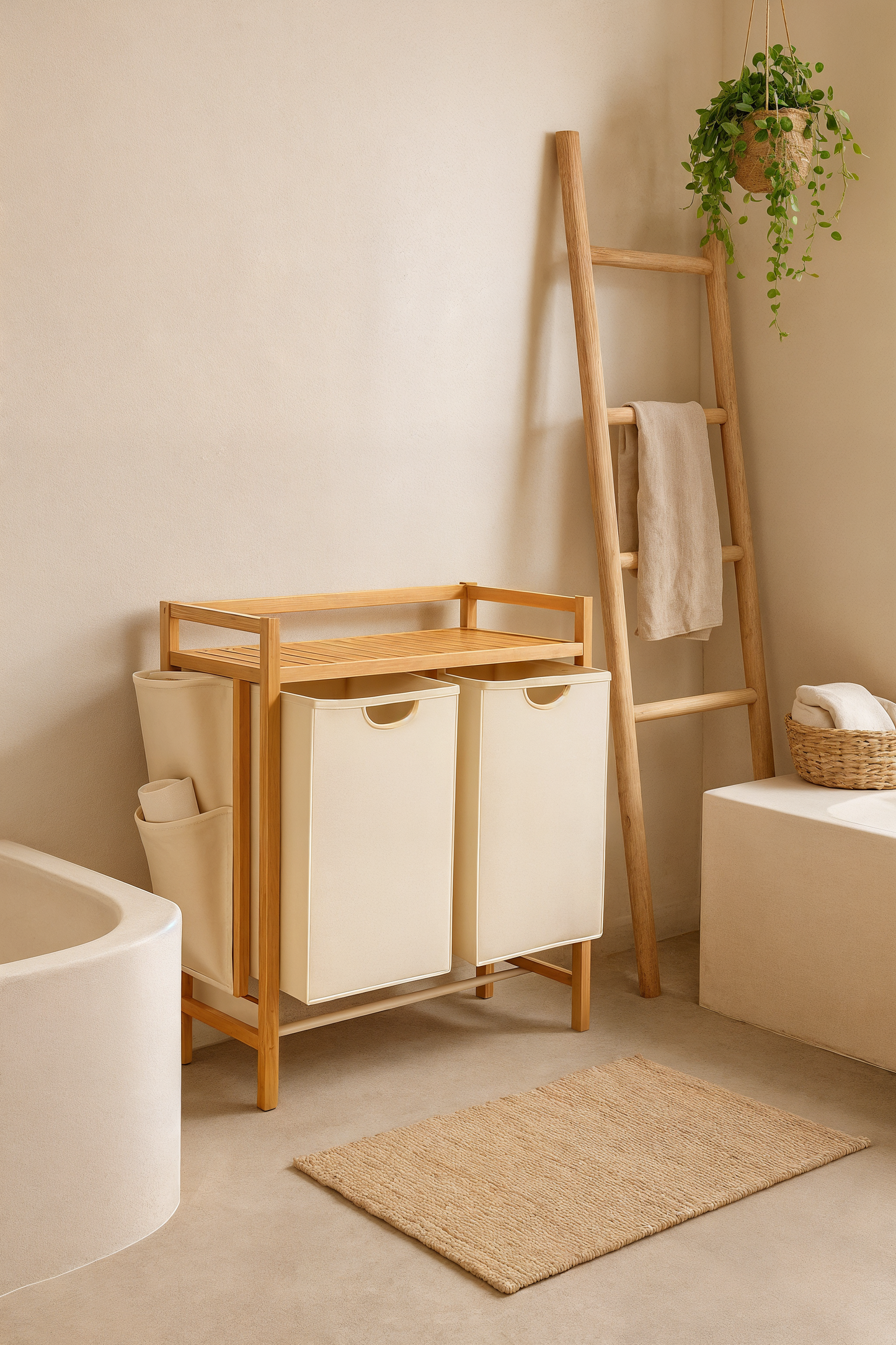 SONGMICS Laundry Basket with 2 Compartments, Bamboo Laundry Basket, 100 Litre Capacity with Shelf, Side Pockets, 2 x 50 L, 63 x 33 x 78 cm, Cream White RLH100W01