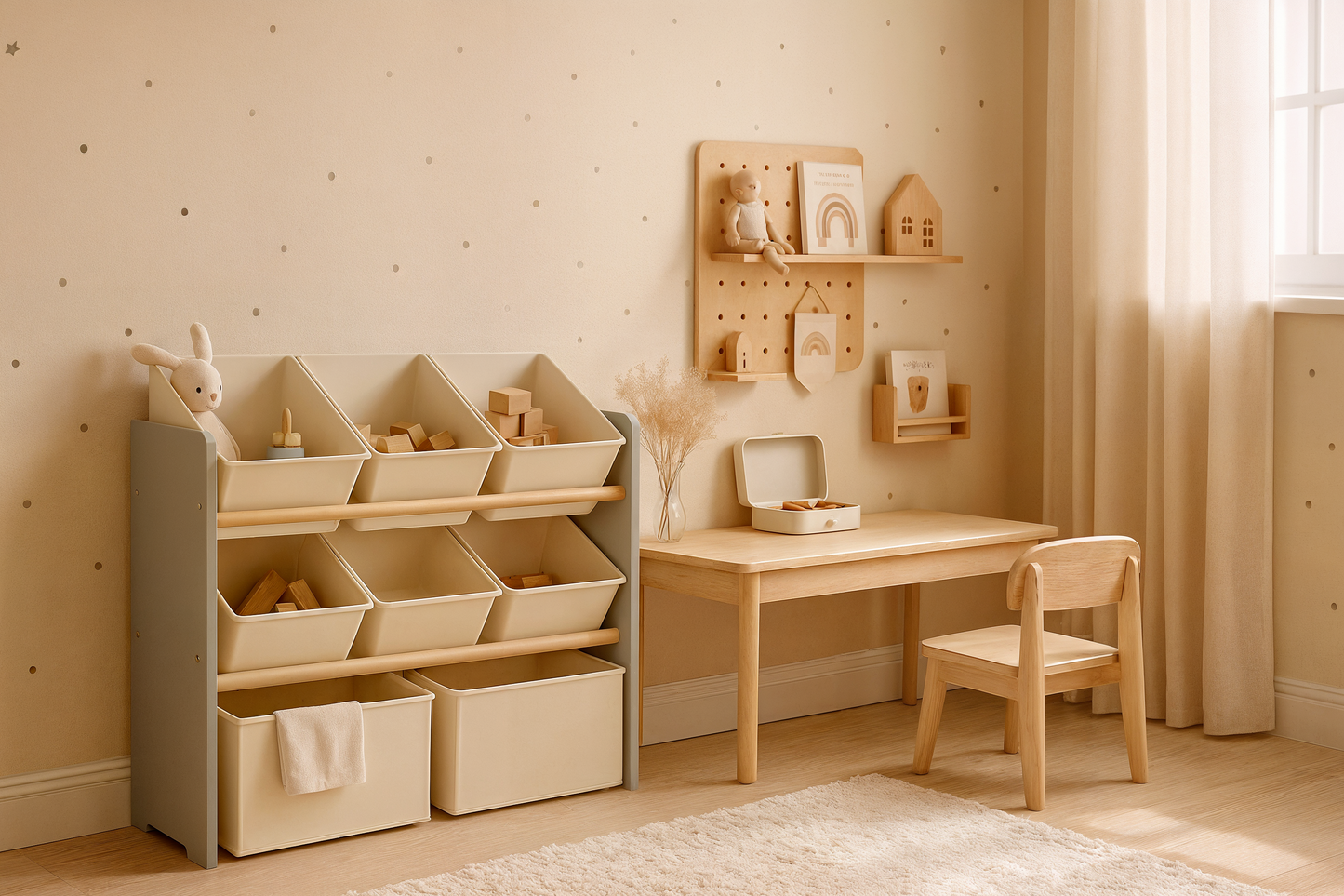 SONGMICS Children's Shelf, Toy Shelf, Children's Bookcase with 7 Storage Boxes in Non-Woven Fabric, Spacious Children's Room, 29.5 x 62.5 x 60 cm, Dove Grey GKR034G10