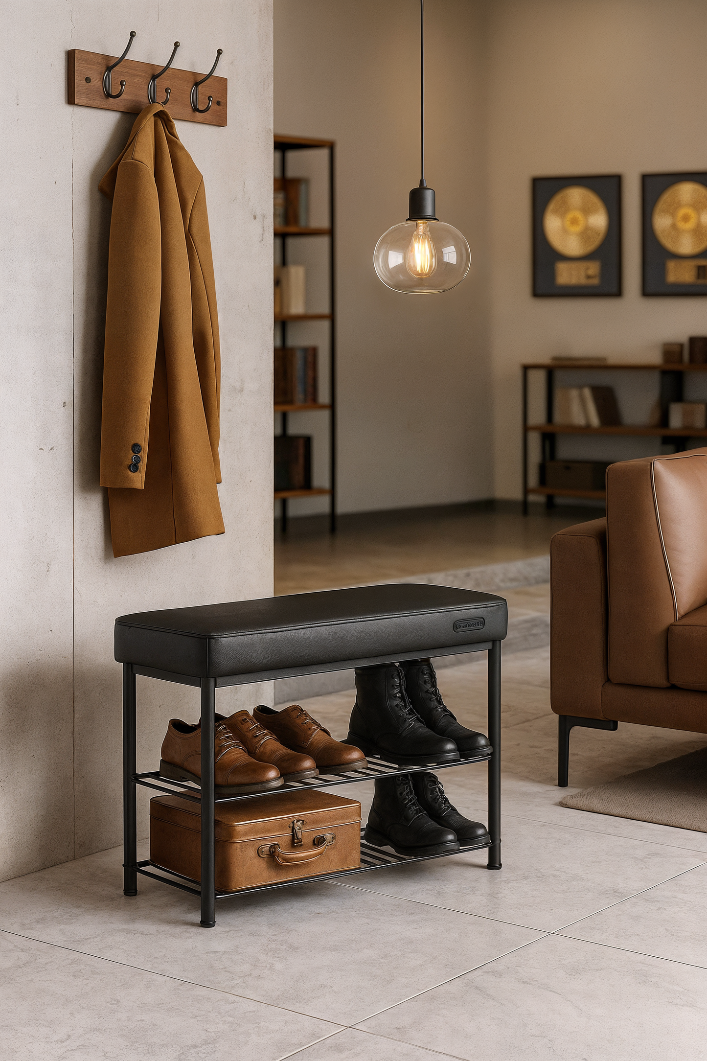 VASAGLE EKHO Collection LSB054B01 Shoe Bench, Seat, Entrance Area, Faux Leather, Seams, 60s Style, Modern, Maximum Load 135 kg, 30 x 80 x 50 cm, Ink Black
