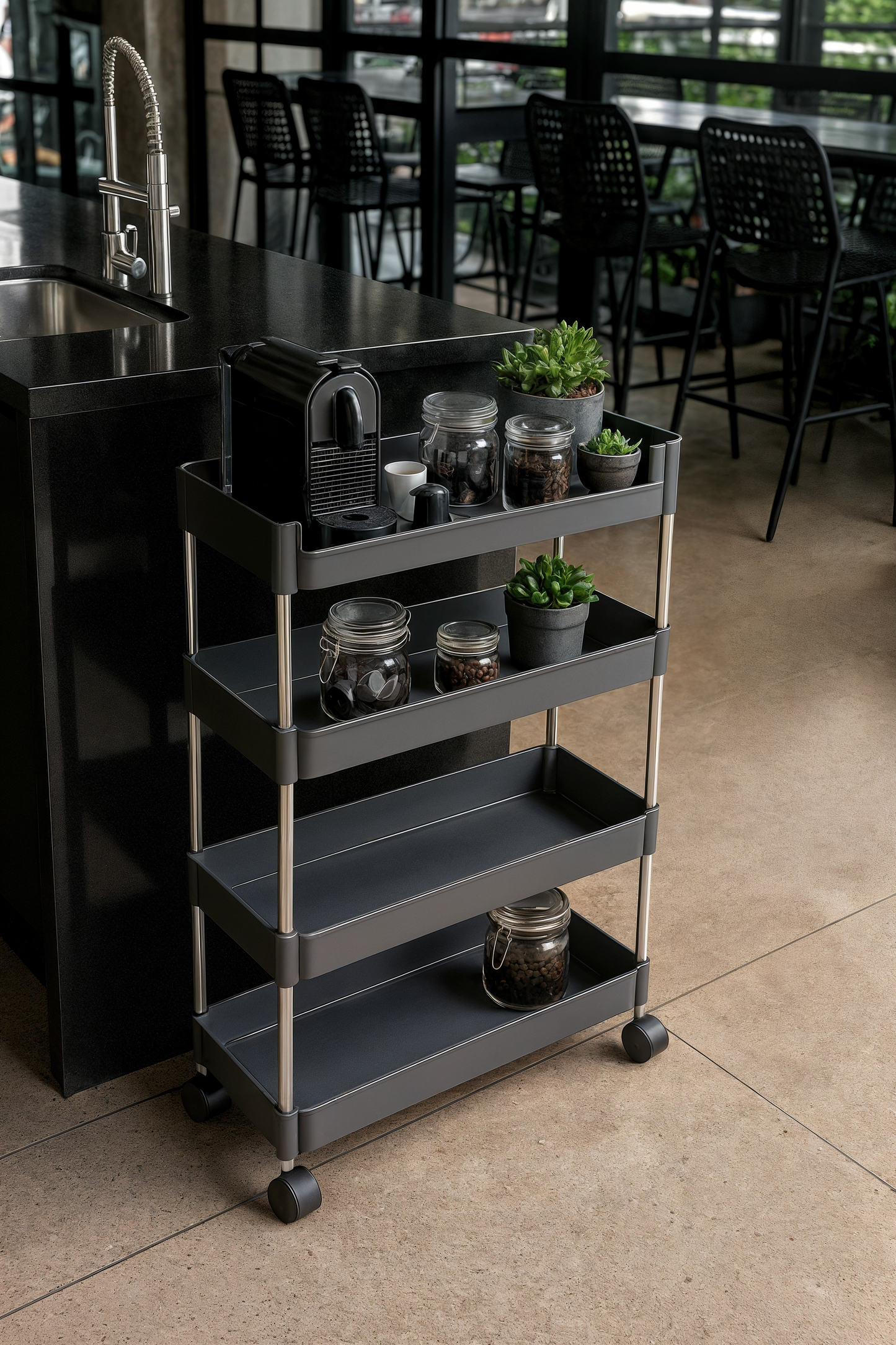 SONGMICS 4-Tier Slide Out Storage Trolley, Rolling Cart on Wheels, Space-Saving Narrow Kitchen Bathroom Trolley, 40 x 12.5 x 86 cm, Grey KSC008G01