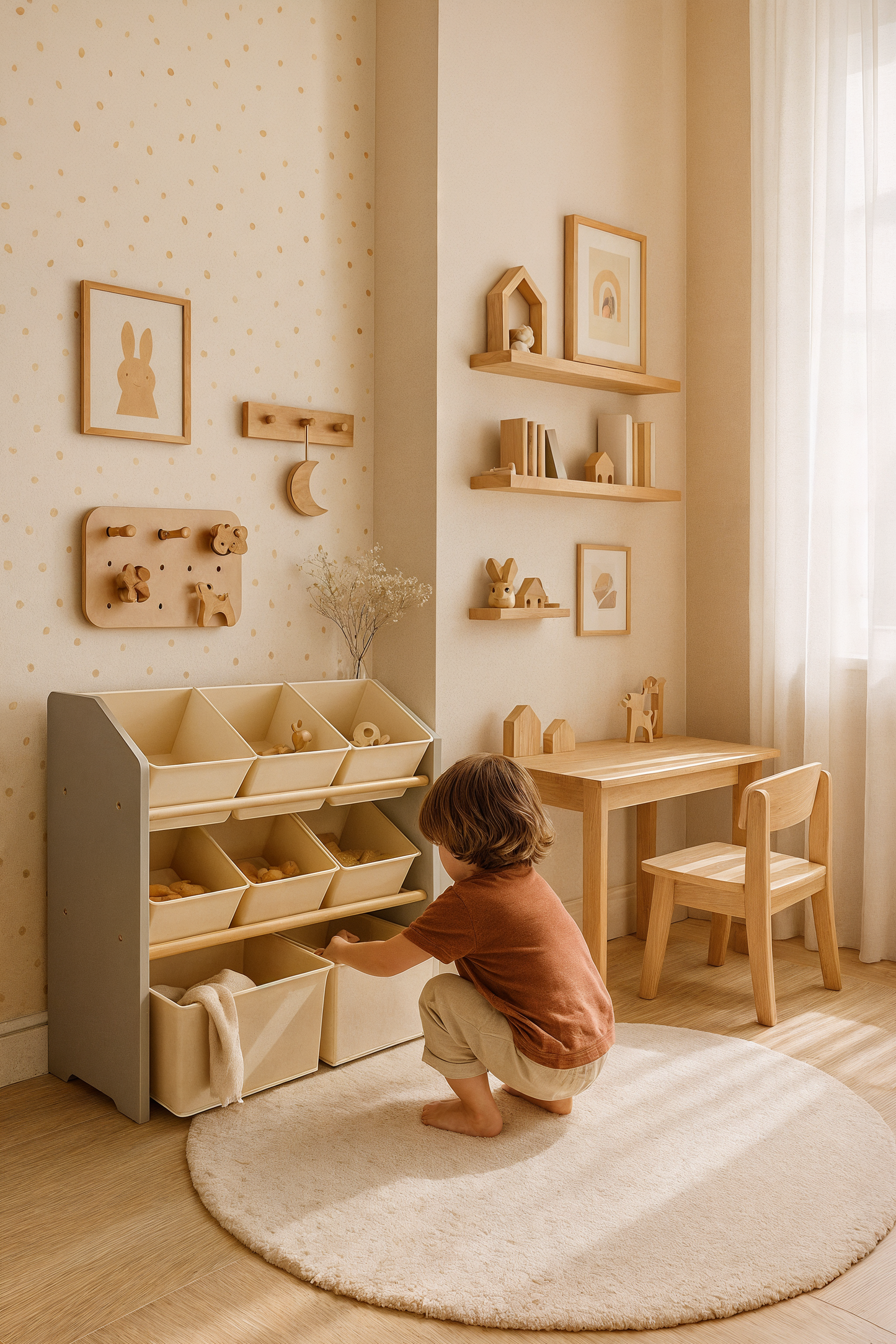 SONGMICS Children's Shelf, Toy Shelf, Children's Bookcase with 7 Storage Boxes in Non-Woven Fabric, Spacious Children's Room, 29.5 x 62.5 x 60 cm, Dove Grey GKR034G10