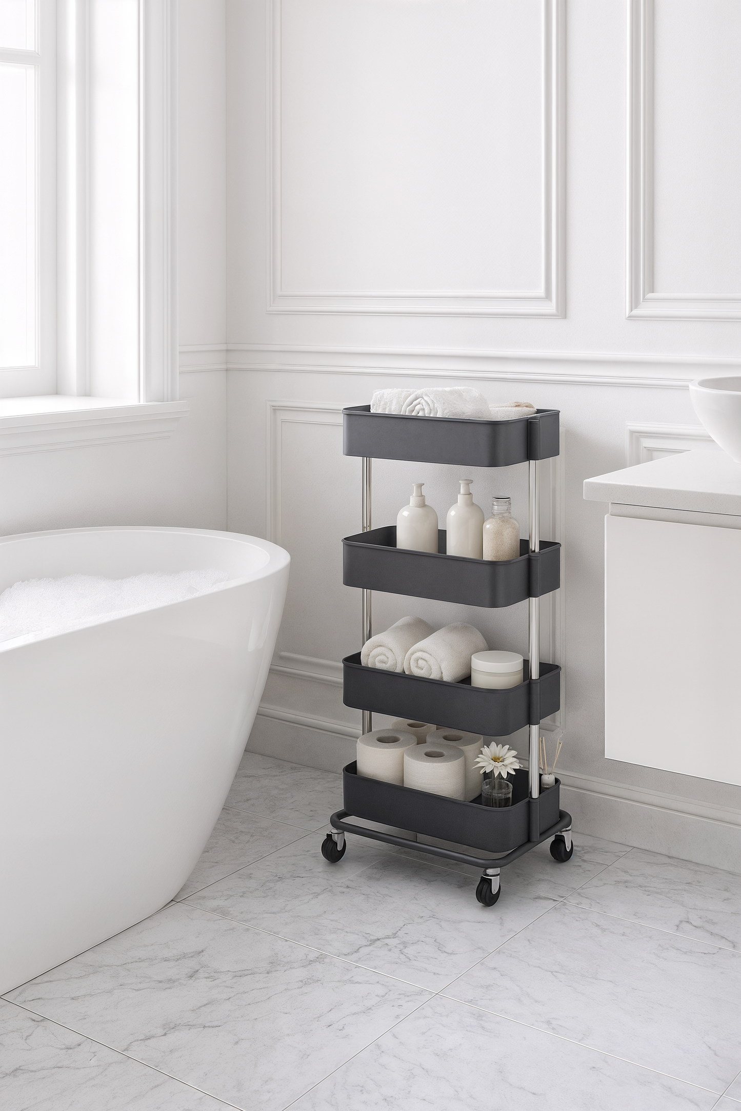 SONGMICS 4-Tier Slide Out Storage Trolley, Rolling Cart on Wheels, Space-Saving Narrow Kitchen Bathroom Trolley, 40 x 12.5 x 86 cm, Grey KSC008G01