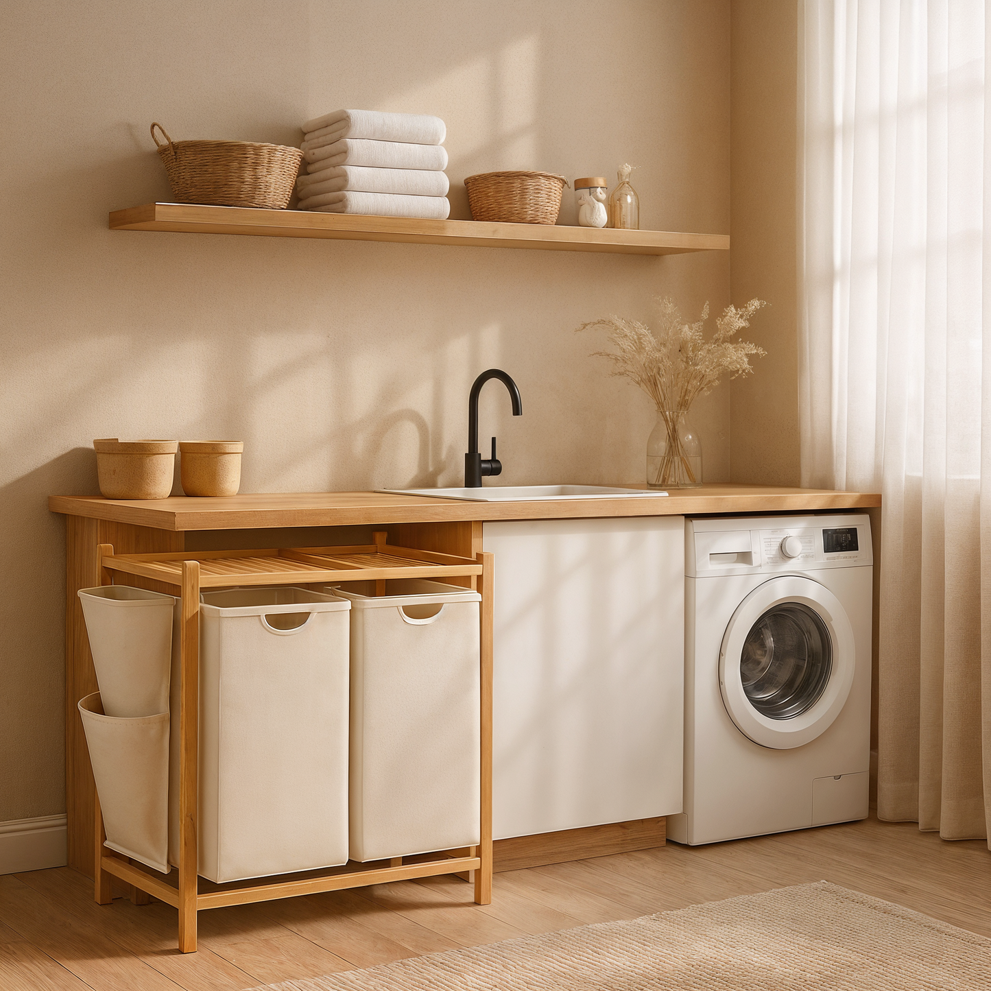SONGMICS Laundry Basket with 2 Compartments, Bamboo Laundry Basket, 100 Litre Capacity with Shelf, Side Pockets, 2 x 50 L, 63 x 33 x 78 cm, Cream White RLH100W01