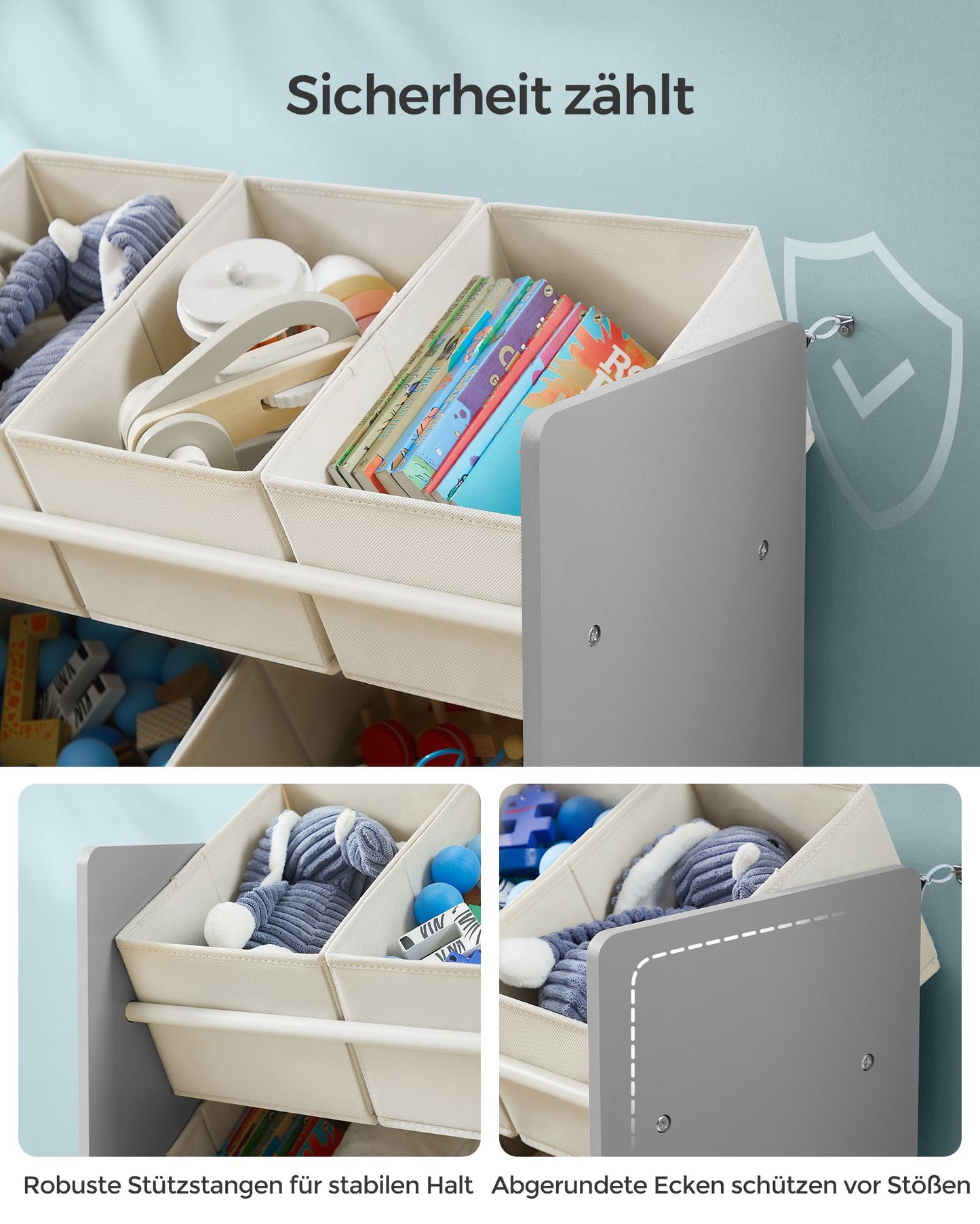 SONGMICS Children's Shelf, Toy Shelf, Children's Bookcase with 7 Storage Boxes in Non-Woven Fabric, Spacious Children's Room, 29.5 x 62.5 x 60 cm, Dove Grey GKR034G10