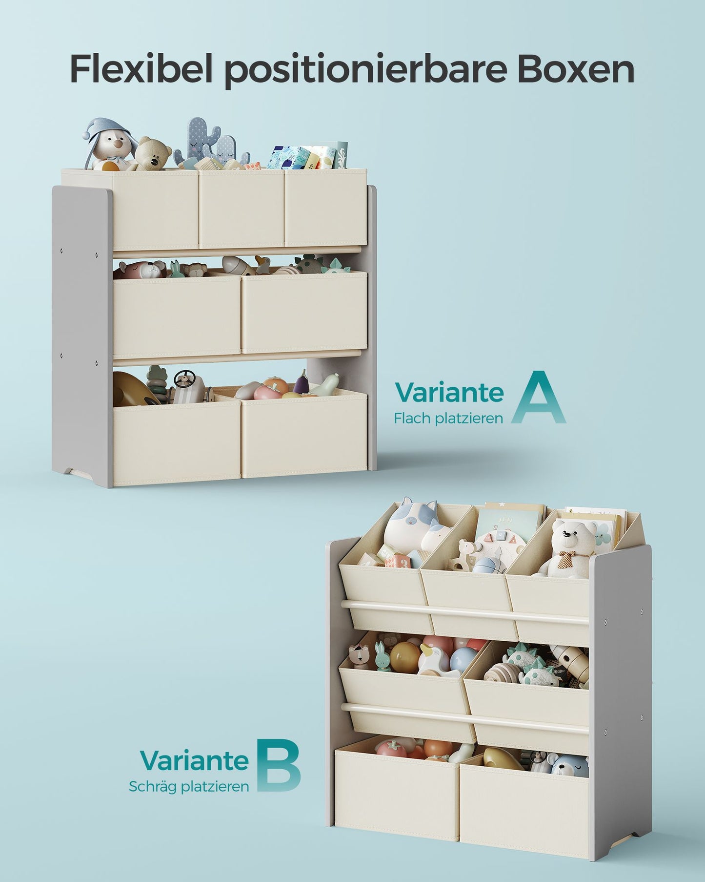 SONGMICS Children's Shelf, Toy Shelf, Children's Bookcase with 7 Storage Boxes in Non-Woven Fabric, Spacious Children's Room, 29.5 x 62.5 x 60 cm, Dove Grey GKR034G10
