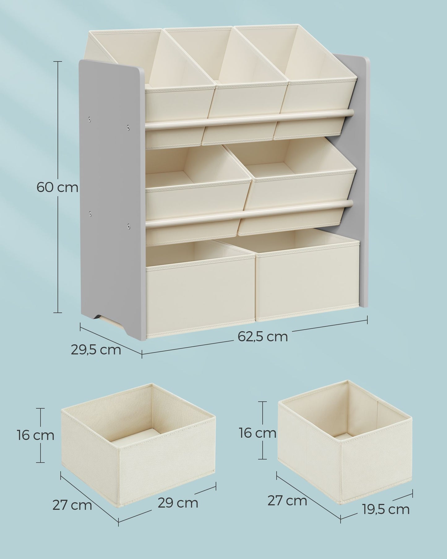 SONGMICS Children's Shelf, Toy Shelf, Children's Bookcase with 7 Storage Boxes in Non-Woven Fabric, Spacious Children's Room, 29.5 x 62.5 x 60 cm, Dove Grey GKR034G10