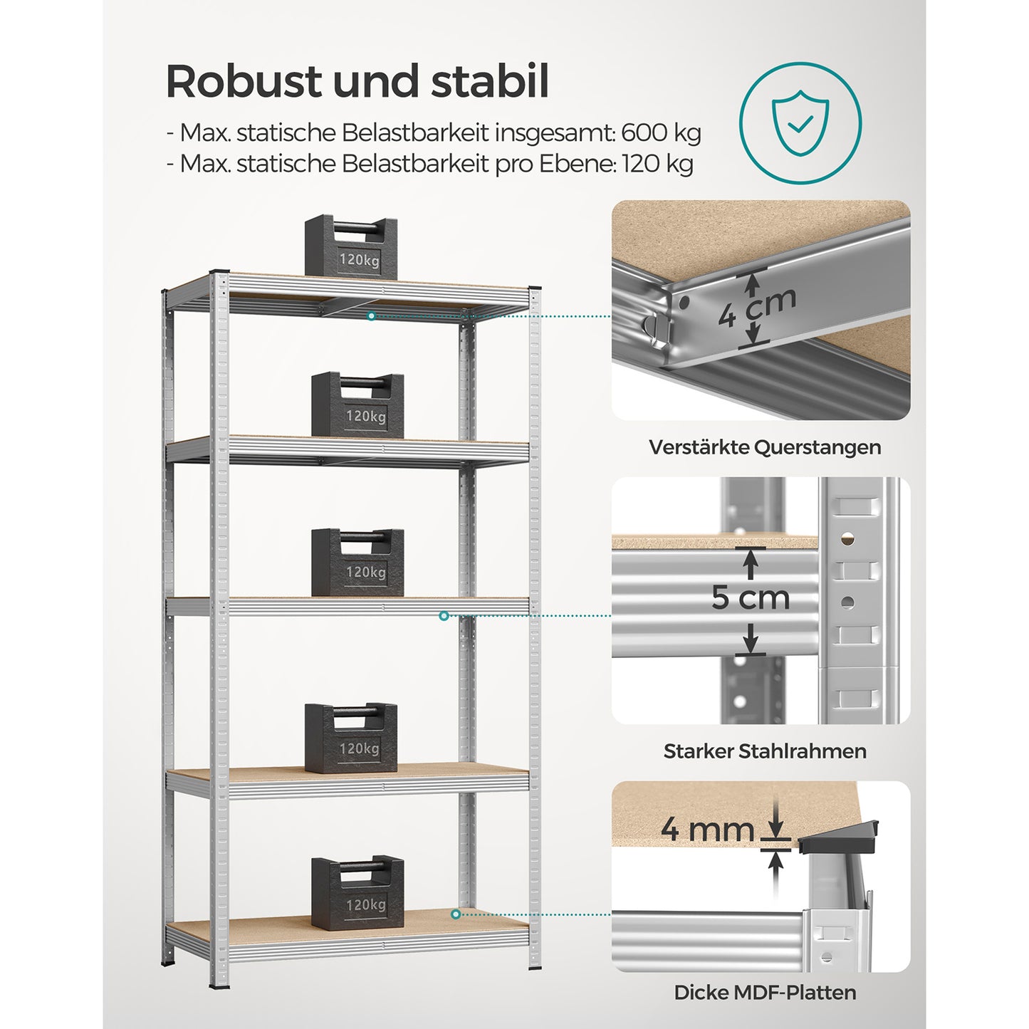 SONGMICS 5-Tier Shelving Units, Set of 2 Steel Shelving Units for Storage, Tool-Free Assembly, for Garage, Shed, Load Capacity 600 kg, 50 x 100 x 200 cm, Silver GLR050E02