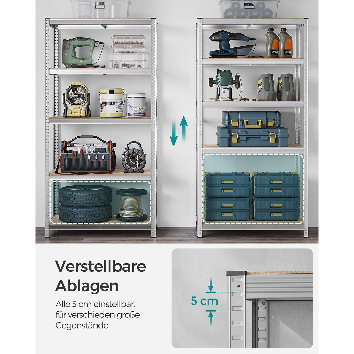 SONGMICS 5-Tier Shelving Units, Set of 2 Steel Shelving Units for Storage, Tool-Free Assembly, for Garage, Shed, Load Capacity 600 kg, 50 x 100 x 200 cm, Silver GLR050E02