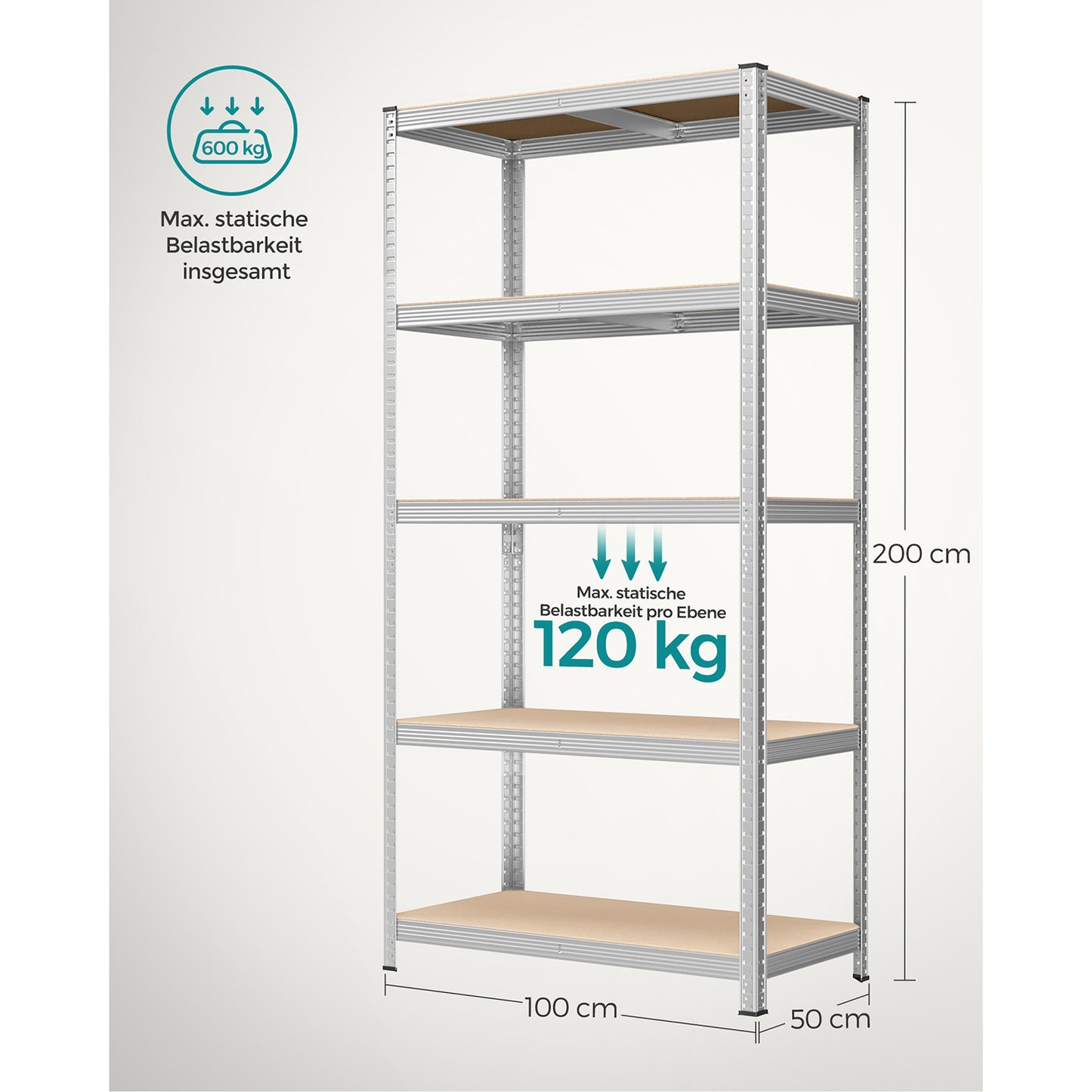 SONGMICS 5-Tier Shelving Units, Set of 2 Steel Shelving Units for Storage, Tool-Free Assembly, for Garage, Shed, Load Capacity 600 kg, 50 x 100 x 200 cm, Silver GLR050E02