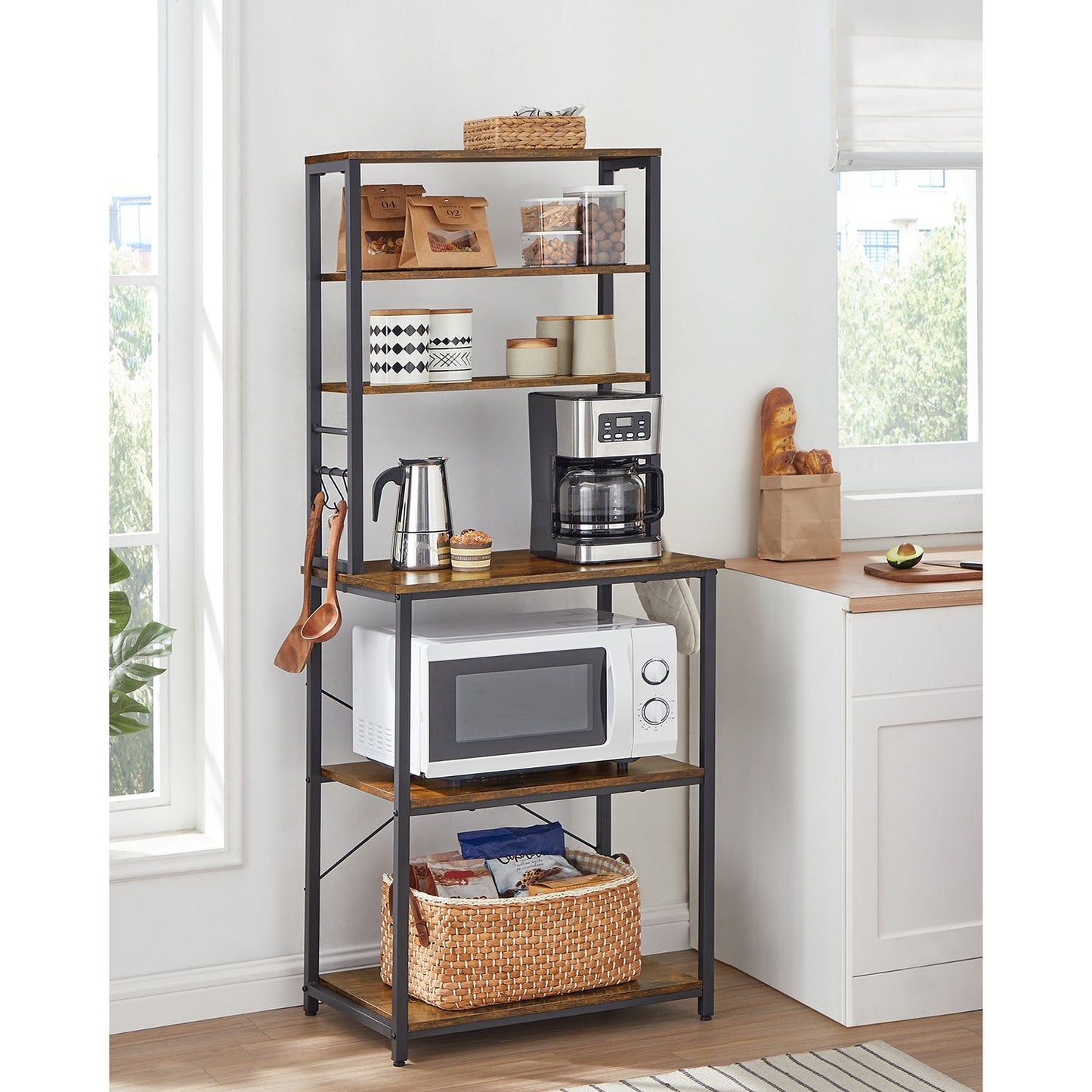 VASAGLE Kitchen Shelf, Standing Shelf for Kitchen, Microwave Shelf, Standing, 6 Shelves and 6 Hooks, for Microwave, Steel Frame, Industrial Design, 40 x 60 x 167 cm, Vintage Brown/Black KKS024B01
