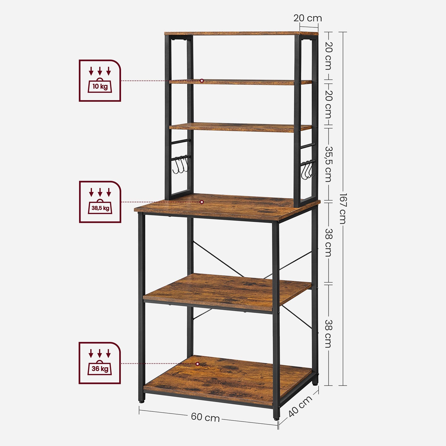 VASAGLE Kitchen Shelf, Standing Shelf for Kitchen, Microwave Shelf, Standing, 6 Shelves and 6 Hooks, for Microwave, Steel Frame, Industrial Design, 40 x 60 x 167 cm, Vintage Brown/Black KKS024B01