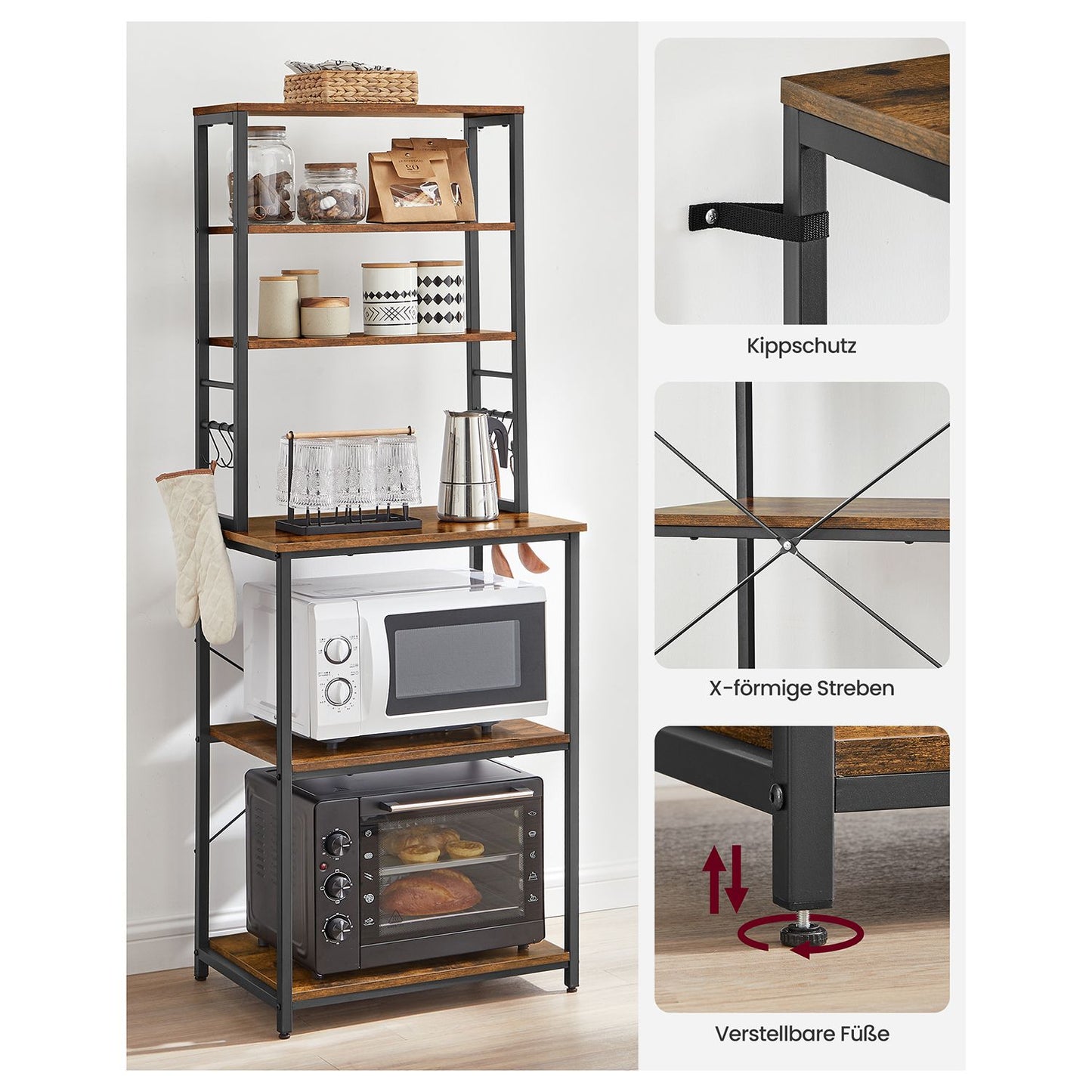 VASAGLE Kitchen Shelf, Standing Shelf for Kitchen, Microwave Shelf, Standing, 6 Shelves and 6 Hooks, for Microwave, Steel Frame, Industrial Design, 40 x 60 x 167 cm, Vintage Brown/Black KKS024B01