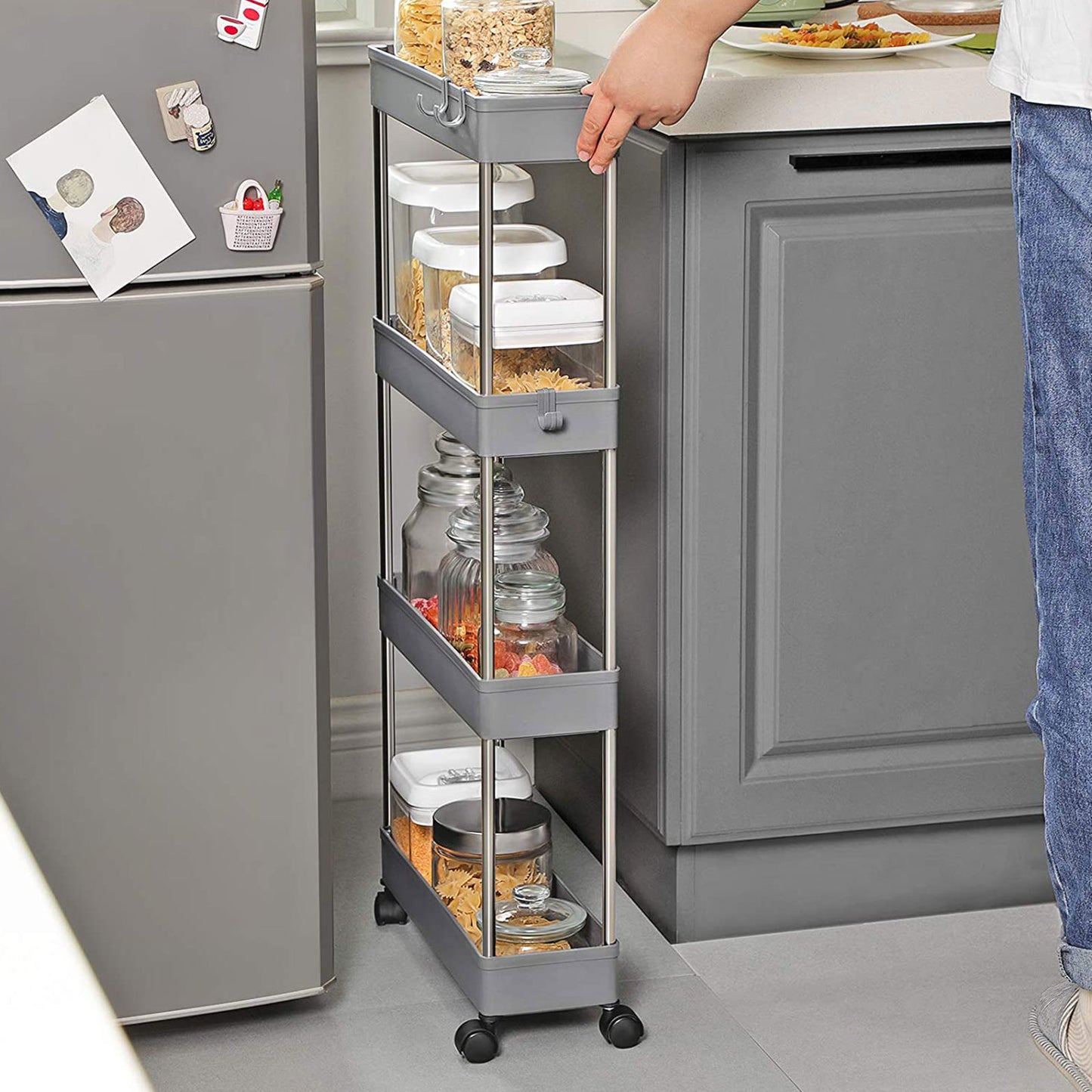SONGMICS 4-Tier Slide Out Storage Trolley, Rolling Cart on Wheels, Space-Saving Narrow Kitchen Bathroom Trolley, 40 x 12.5 x 86 cm, Grey KSC008G01