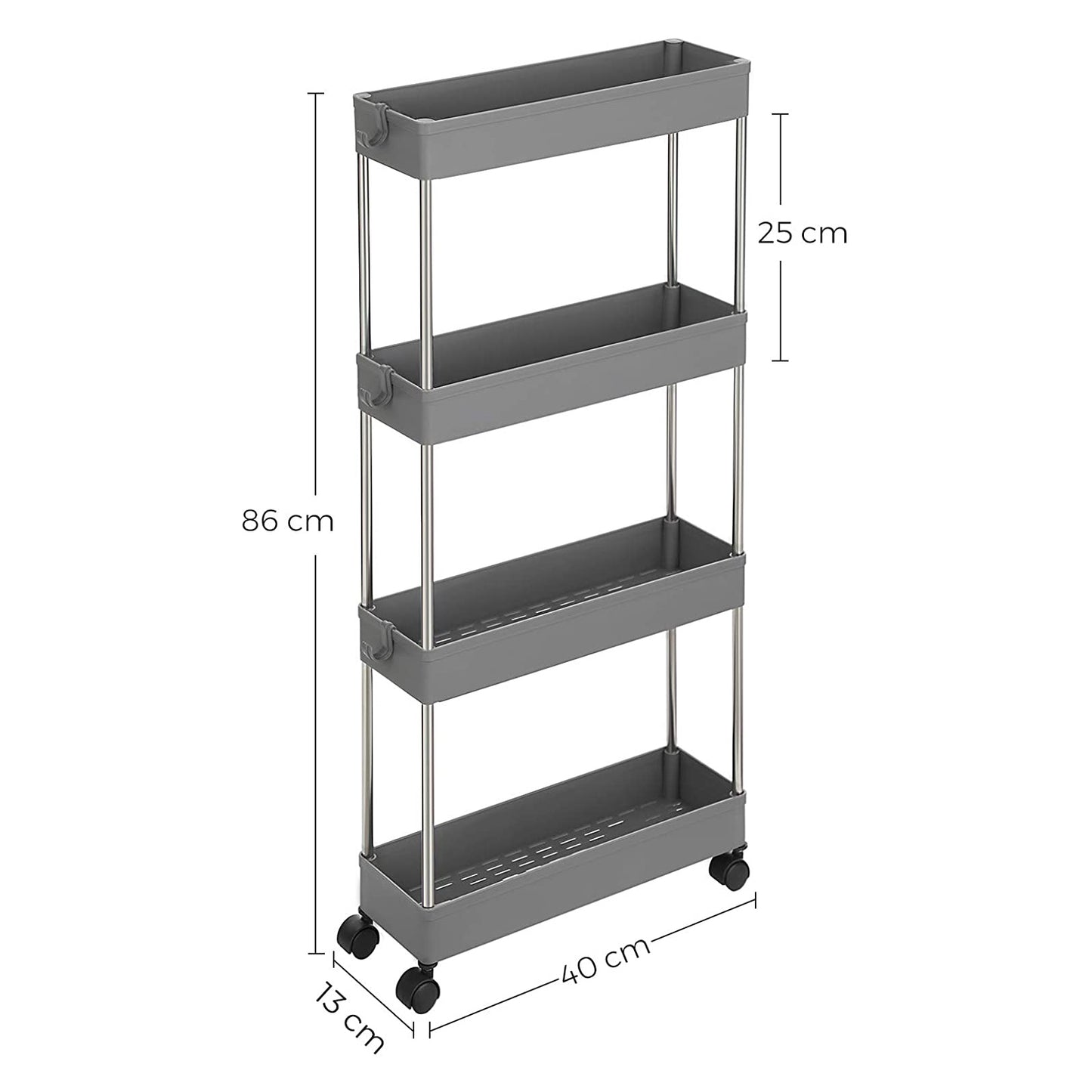 SONGMICS 4-Tier Slide Out Storage Trolley, Rolling Cart on Wheels, Space-Saving Narrow Kitchen Bathroom Trolley, 40 x 12.5 x 86 cm, Grey KSC008G01