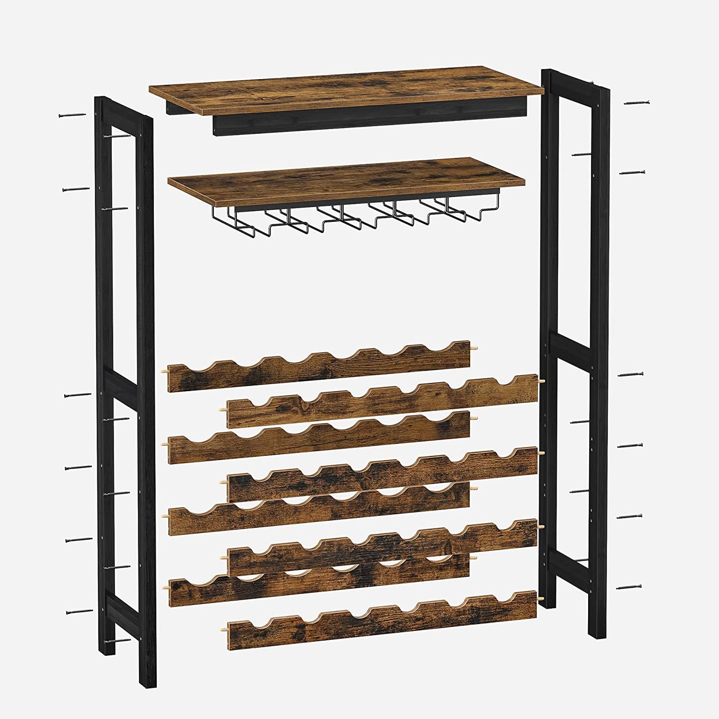 SONGMICS Wine Rack 24 Wine Bottles Standing Bottle Rack with Glass Holders for Kitchen Bar Dining Room Vintage Brown Black KWR028B01