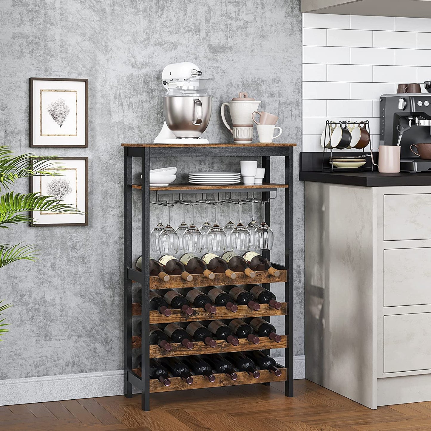 SONGMICS Wine Rack 24 Wine Bottles Standing Bottle Rack with Glass Holders for Kitchen Bar Dining Room Vintage Brown Black KWR028B01