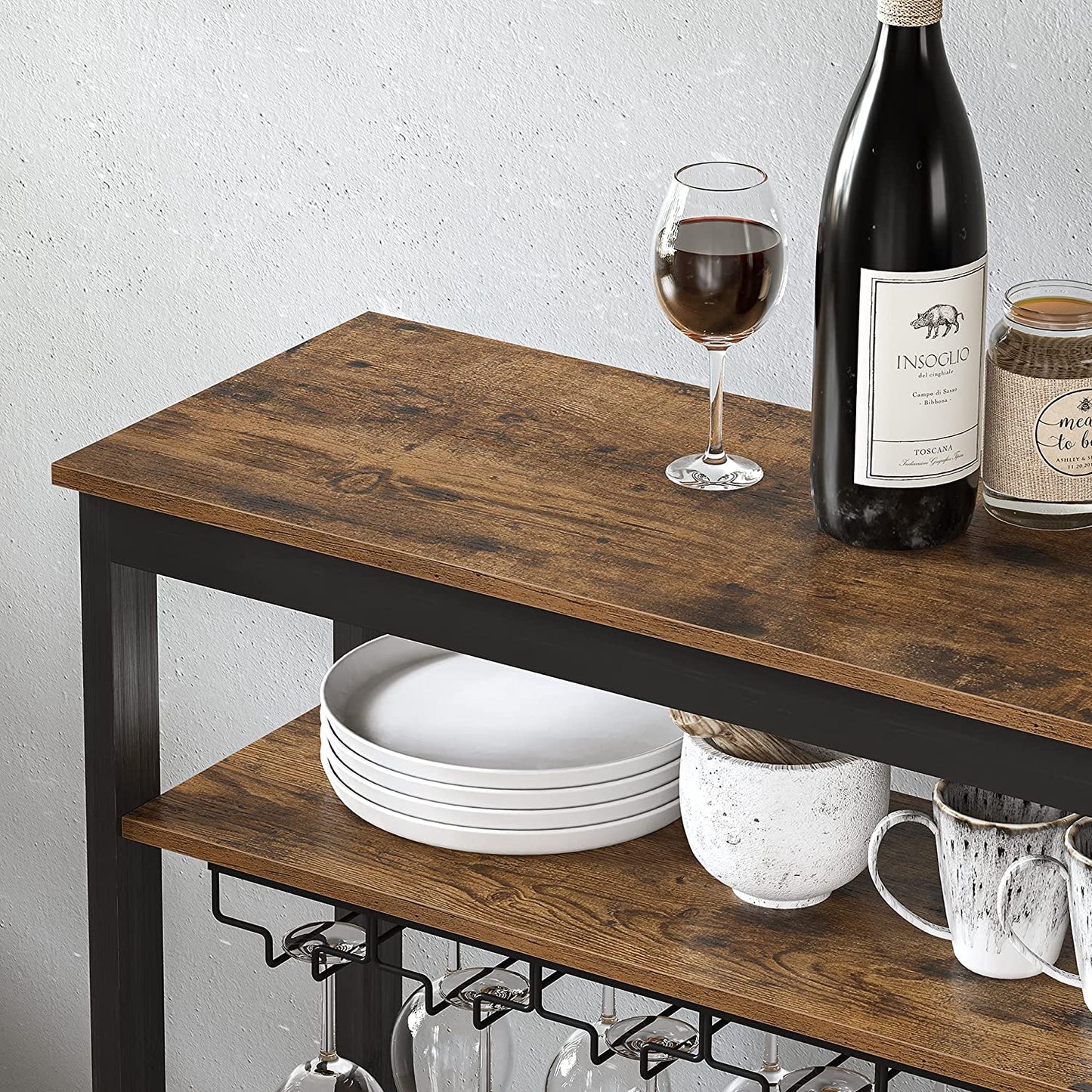 SONGMICS Wine Rack 24 Wine Bottles Standing Bottle Rack with Glass Holders for Kitchen Bar Dining Room Vintage Brown Black KWR028B01