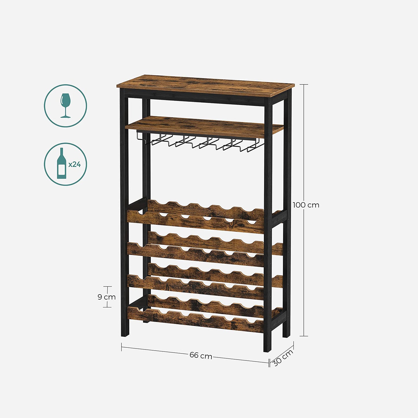 SONGMICS Wine Rack 24 Wine Bottles Standing Bottle Rack with Glass Holders for Kitchen Bar Dining Room Vintage Brown Black KWR028B01