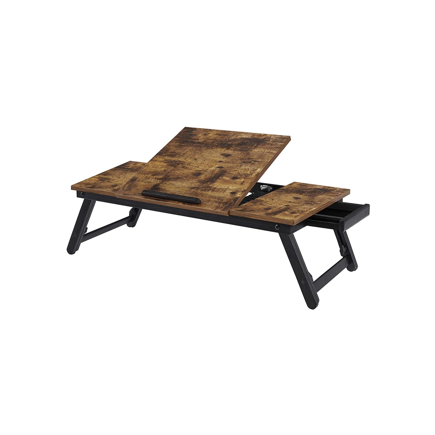 SONGMICS Laptop Desk for Bed or Sofa with Adjustable Tilting Top up to 14.3 Inches, Right-Left Handed Breakfast Serving Tray with Height Adjustable Folding Legs, Drawer, Rustic Dark Brown LLD110B01