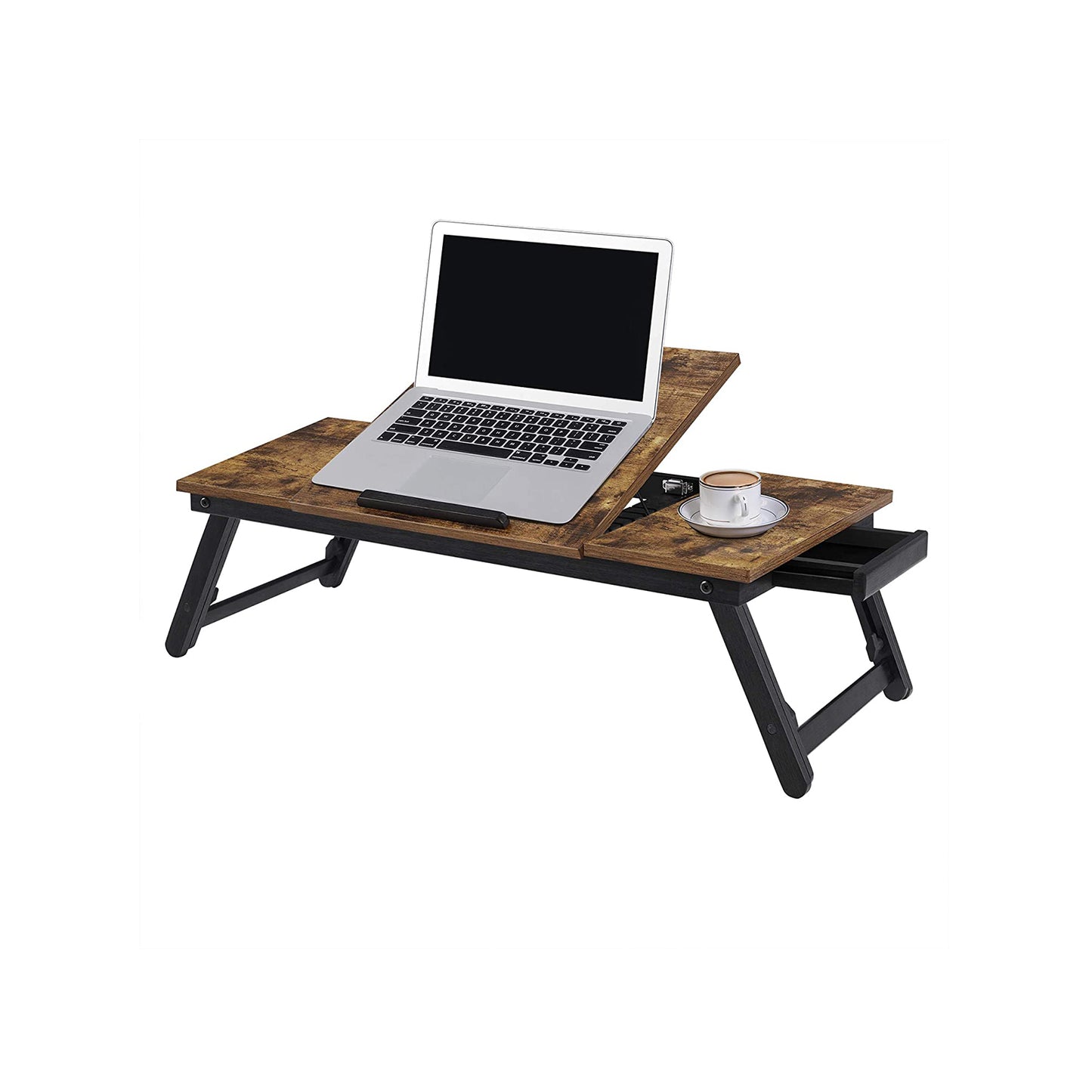 SONGMICS Laptop Desk for Bed or Sofa with Adjustable Tilting Top up to 14.3 Inches, Right-Left Handed Breakfast Serving Tray with Height Adjustable Folding Legs, Drawer, Rustic Dark Brown LLD110B01