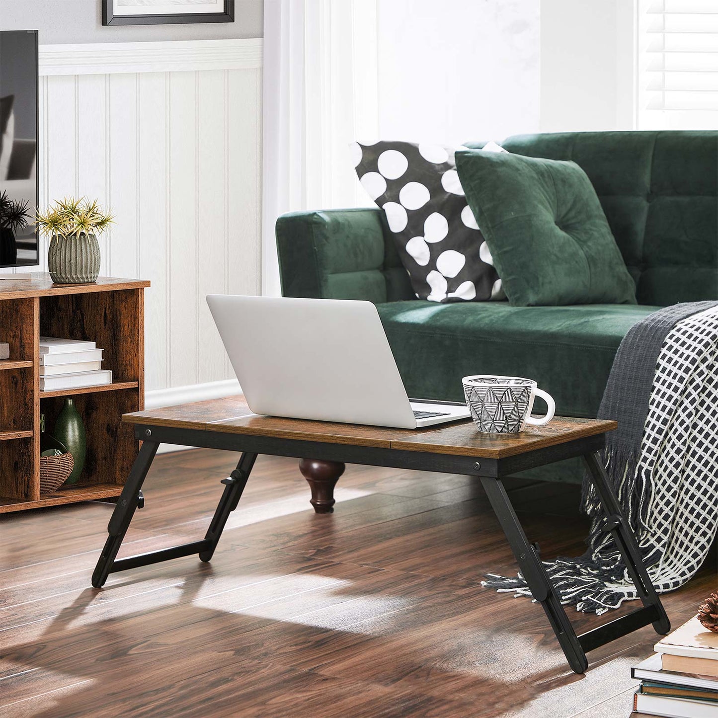 SONGMICS Laptop Desk for Bed or Sofa with Adjustable Tilting Top up to 14.3 Inches, Right-Left Handed Breakfast Serving Tray with Height Adjustable Folding Legs, Drawer, Rustic Dark Brown LLD110B01