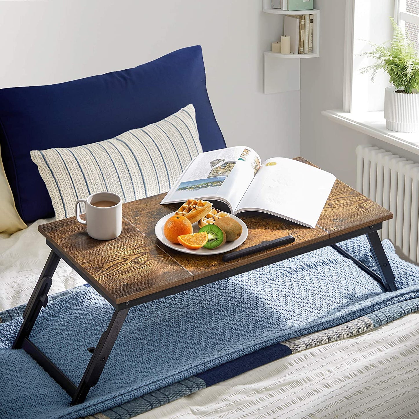 SONGMICS Laptop Desk for Bed or Sofa with Adjustable Tilting Top up to 14.3 Inches, Right-Left Handed Breakfast Serving Tray with Height Adjustable Folding Legs, Drawer, Rustic Dark Brown LLD110B01