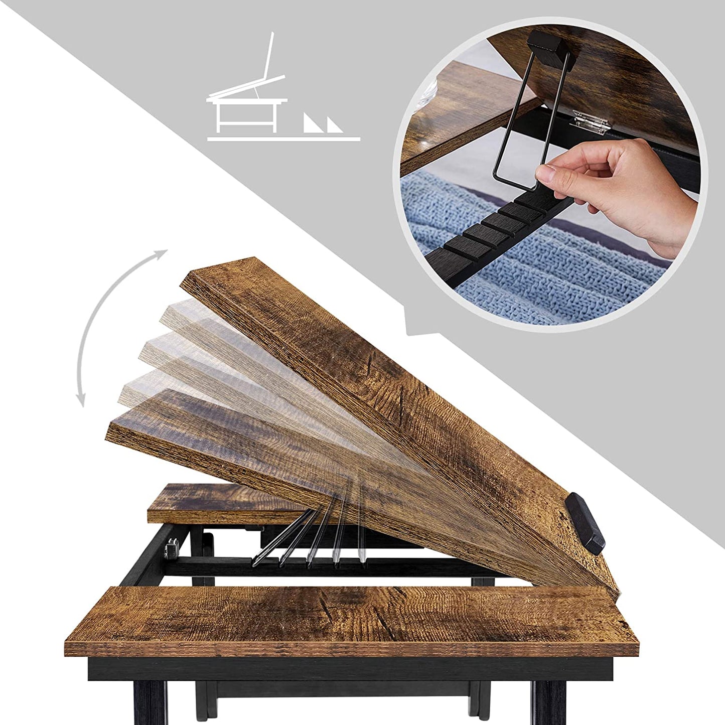 SONGMICS Laptop Desk for Bed or Sofa with Adjustable Tilting Top up to 14.3 Inches, Right-Left Handed Breakfast Serving Tray with Height Adjustable Folding Legs, Drawer, Rustic Dark Brown LLD110B01