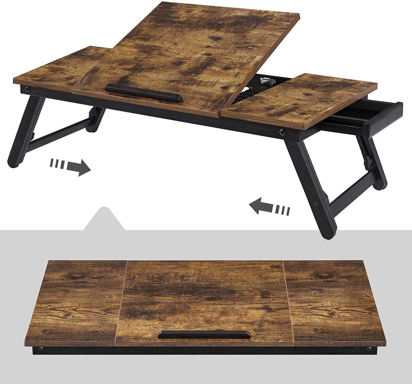 SONGMICS Laptop Desk for Bed or Sofa with Adjustable Tilting Top up to 14.3 Inches, Right-Left Handed Breakfast Serving Tray with Height Adjustable Folding Legs, Drawer, Rustic Dark Brown LLD110B01