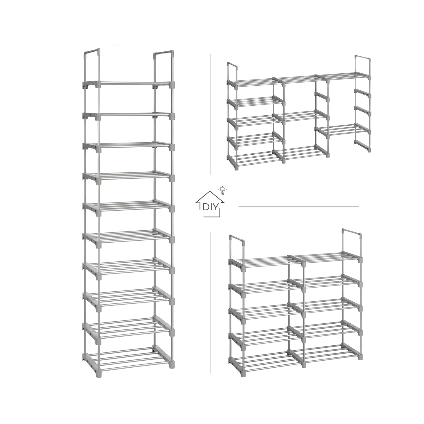 SONGMICS Shoe Rack, 10-Tier Metal Shoe Storage Organiser, Customisable Design, Metal Frame, Space-Saving Rack, for Dressing Room, Hallway, 30 x 45 x 174 cm, Grey LSA025G02
