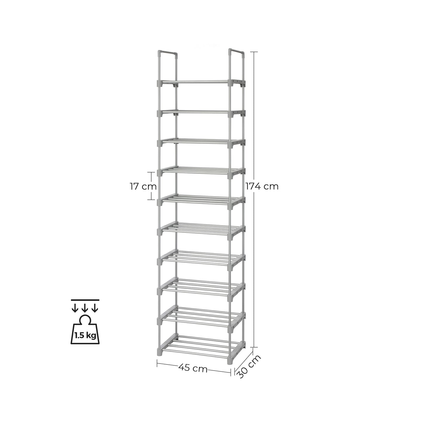SONGMICS Shoe Rack, 10-Tier Metal Shoe Storage Organiser, Customisable Design, Metal Frame, Space-Saving Rack, for Dressing Room, Hallway, 30 x 45 x 174 cm, Grey LSA025G02