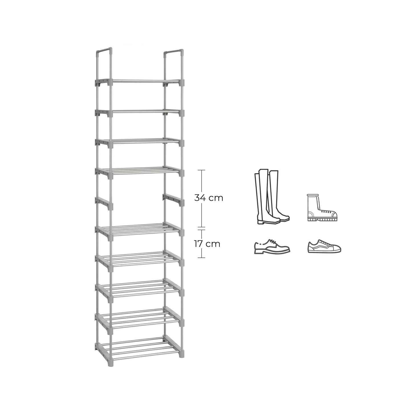 SONGMICS Shoe Rack, 10-Tier Metal Shoe Storage Organiser, Customisable Design, Metal Frame, Space-Saving Rack, for Dressing Room, Hallway, 30 x 45 x 174 cm, Grey LSA025G02