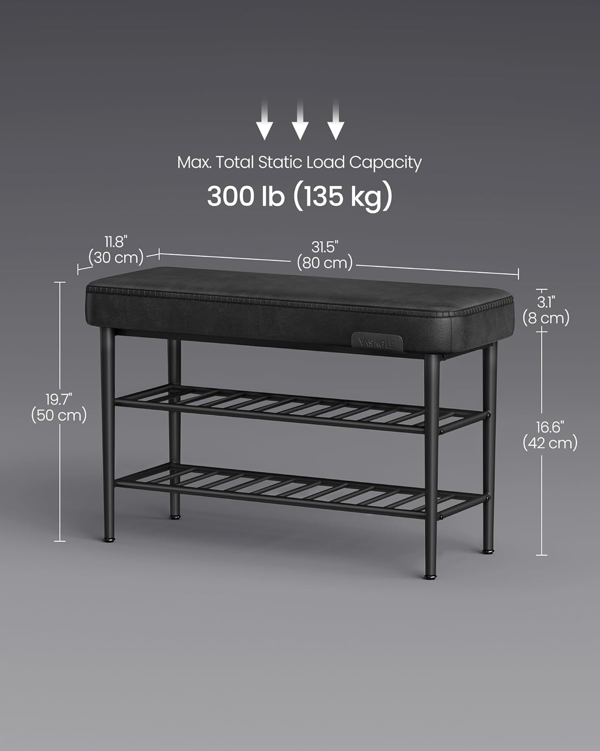 VASAGLE EKHO Collection LSB054B01 Shoe Bench, Seat, Entrance Area, Faux Leather, Seams, 60s Style, Modern, Maximum Load 135 kg, 30 x 80 x 50 cm, Ink Black