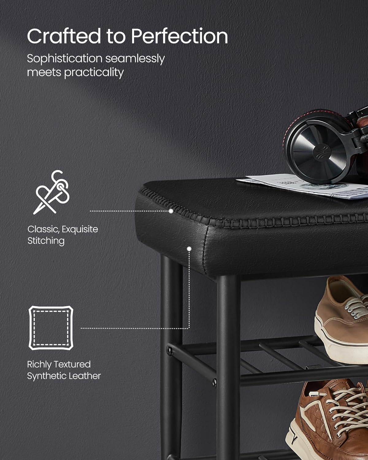 VASAGLE EKHO Collection LSB054B01 Shoe Bench, Seat, Entrance Area, Faux Leather, Seams, 60s Style, Modern, Maximum Load 135 kg, 30 x 80 x 50 cm, Ink Black