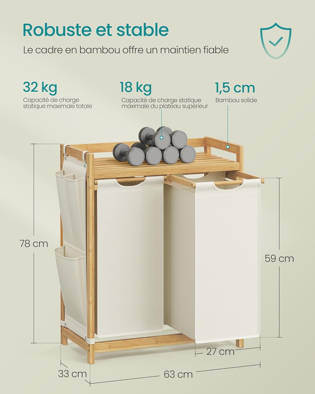 SONGMICS Laundry Basket with 2 Compartments, Bamboo Laundry Basket, 100 Litre Capacity with Shelf, Side Pockets, 2 x 50 L, 63 x 33 x 78 cm, Cream White RLH100W01