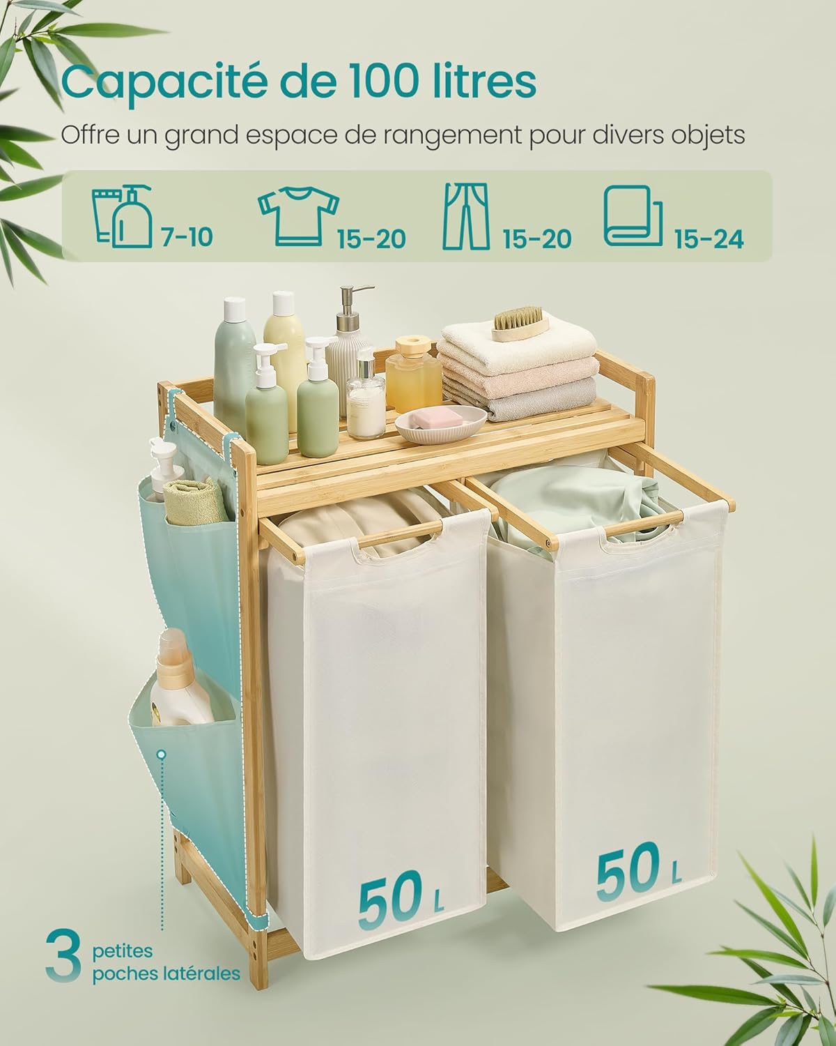 SONGMICS Laundry Basket with 2 Compartments, Bamboo Laundry Basket, 100 Litre Capacity with Shelf, Side Pockets, 2 x 50 L, 63 x 33 x 78 cm, Cream White RLH100W01