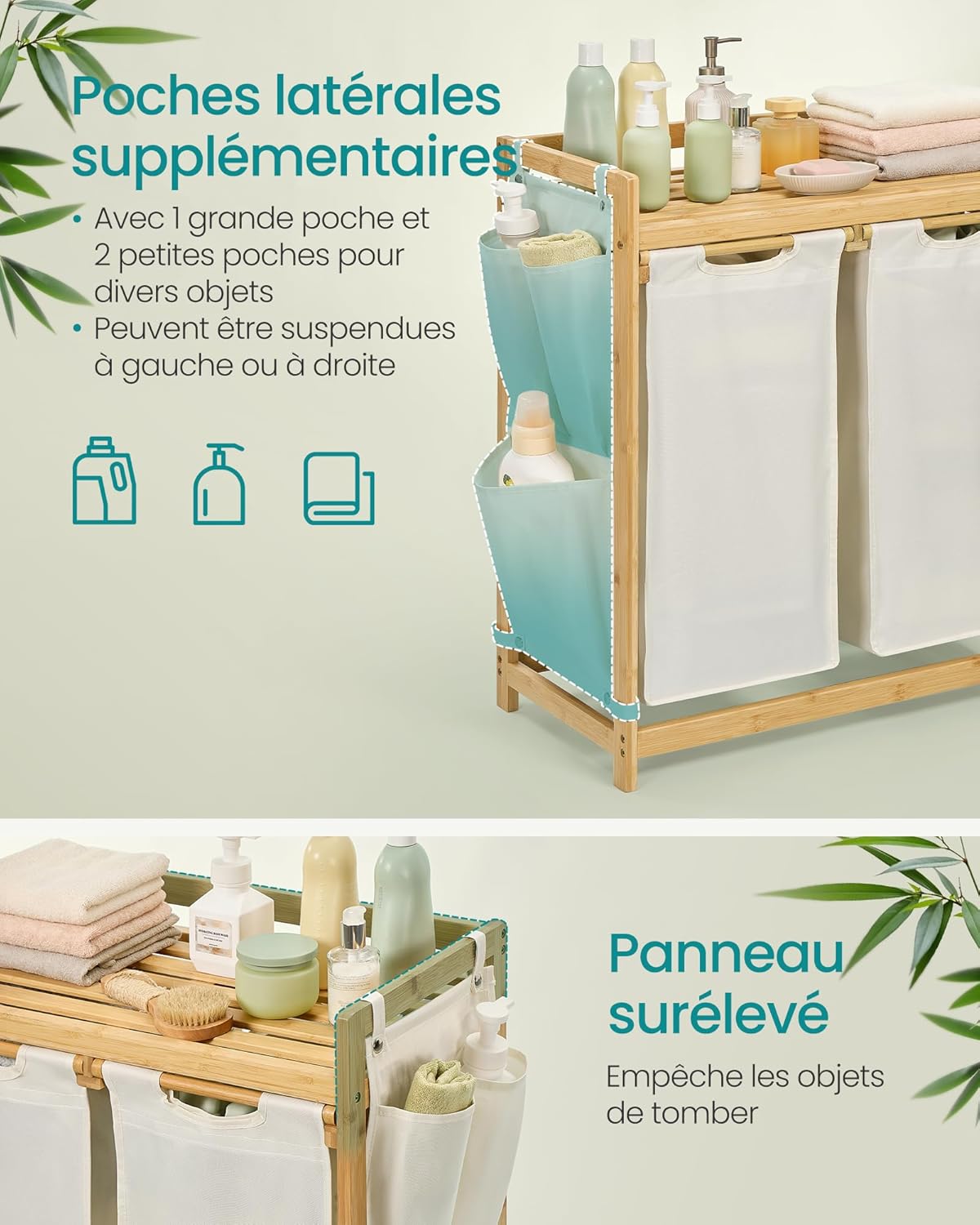 SONGMICS Laundry Basket with 2 Compartments, Bamboo Laundry Basket, 100 Litre Capacity with Shelf, Side Pockets, 2 x 50 L, 63 x 33 x 78 cm, Cream White RLH100W01