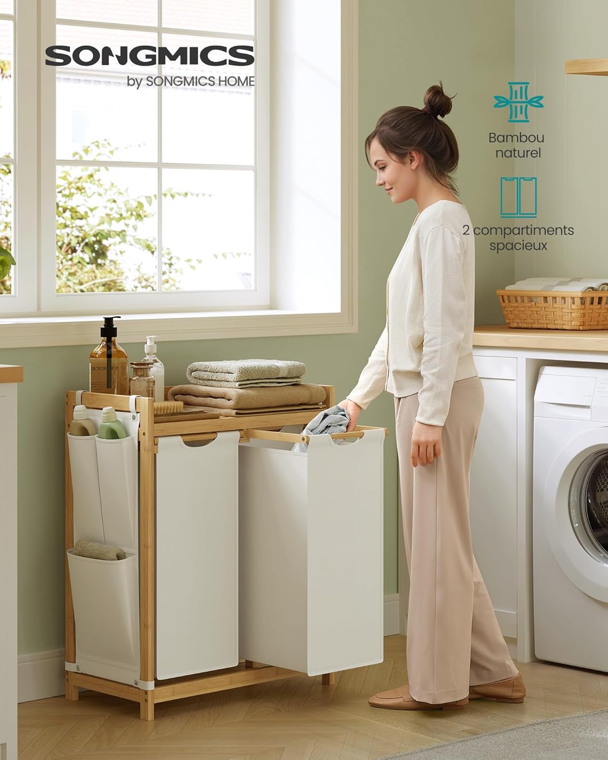 SONGMICS Laundry Basket with 2 Compartments, Bamboo Laundry Basket, 100 Litre Capacity with Shelf, Side Pockets, 2 x 50 L, 63 x 33 x 78 cm, Cream White RLH100W01