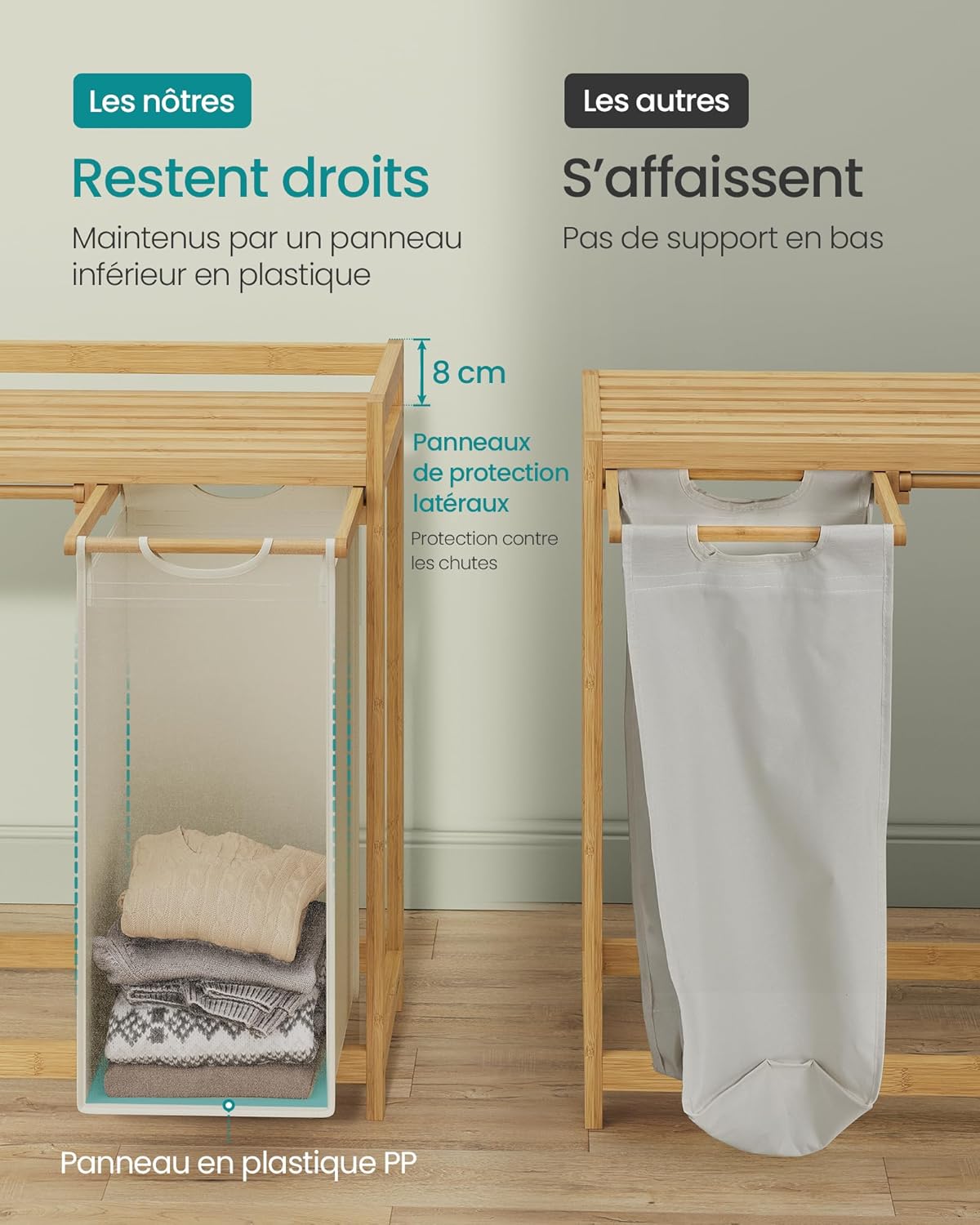SONGMICS Laundry Basket with 2 Compartments, Bamboo Laundry Basket, 100 Litre Capacity with Shelf, Side Pockets, 2 x 50 L, 63 x 33 x 78 cm, Cream White RLH100W01