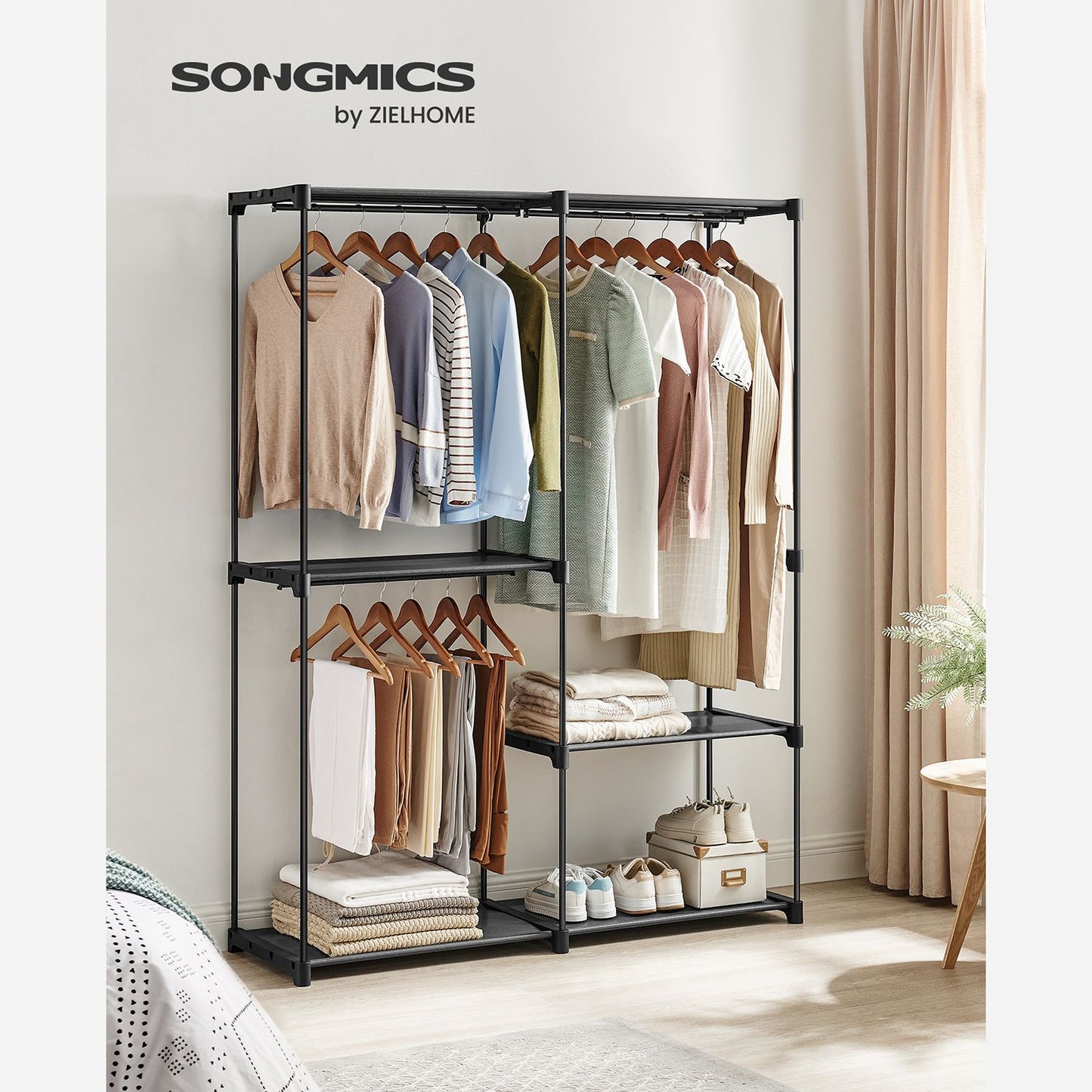 SONGMICS Clothes Wardrobe, Portable Closet, Clothes Garment Rack, 43 x 138 x 182 cm, 3 Hanging Rods and Shelves, Large Capacity for Bedroom, Living Room, Laundry Room, Black RYG025B02