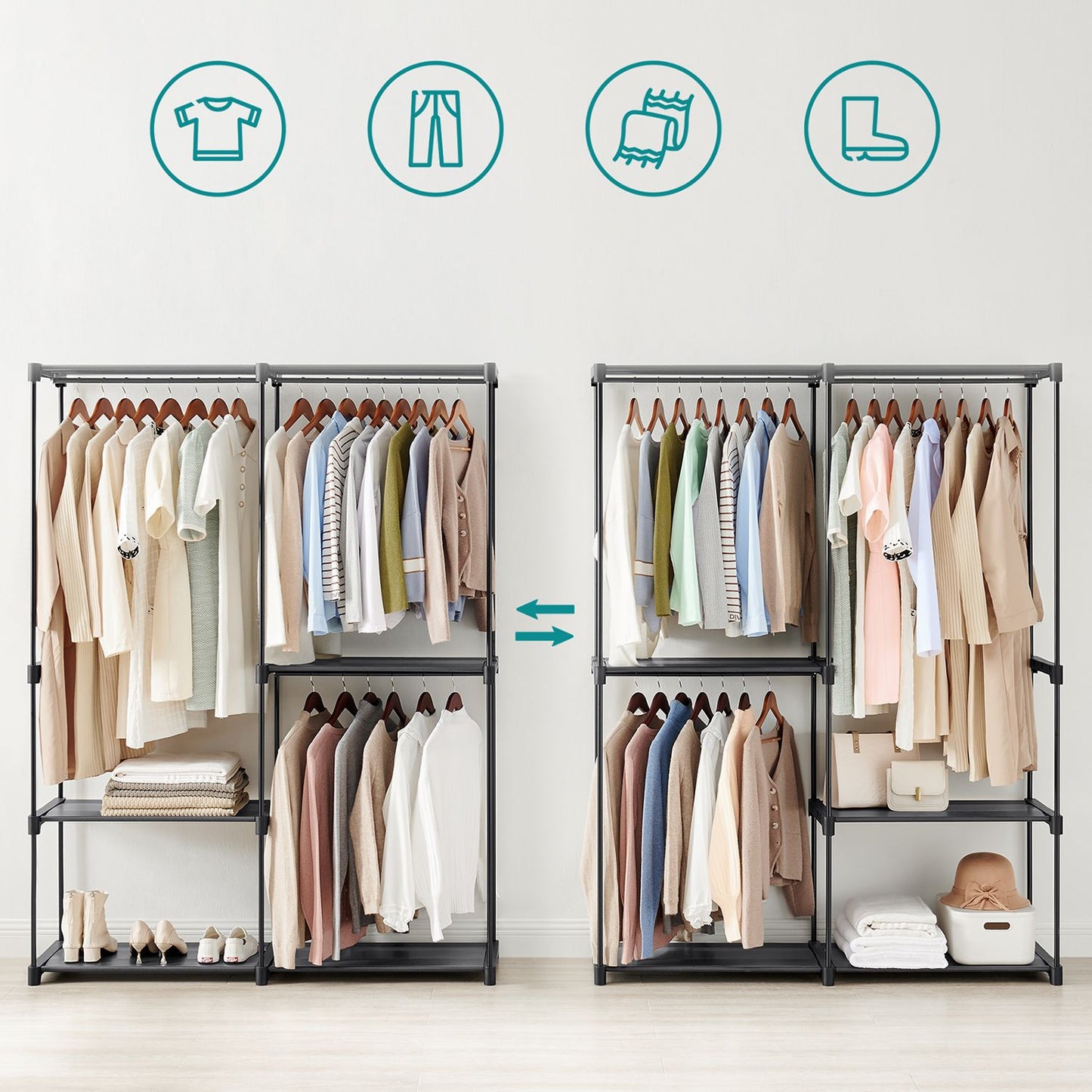 SONGMICS Clothes Wardrobe, Portable Closet, Clothes Garment Rack, 43 x 138 x 182 cm, 3 Hanging Rods and Shelves, Large Capacity for Bedroom, Living Room, Laundry Room, Black RYG025B02