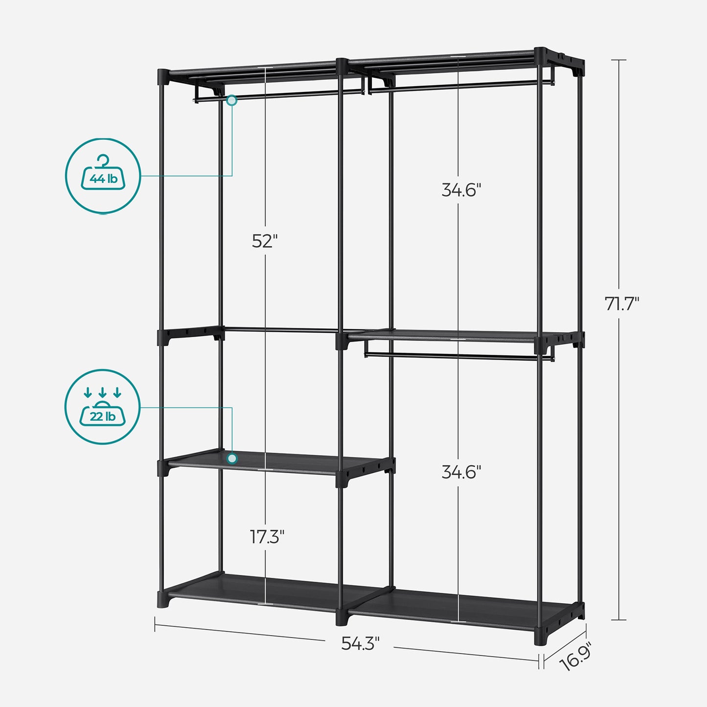 SONGMICS Clothes Wardrobe, Portable Closet, Clothes Garment Rack, 43 x 138 x 182 cm, 3 Hanging Rods and Shelves, Large Capacity for Bedroom, Living Room, Laundry Room, Black RYG025B02