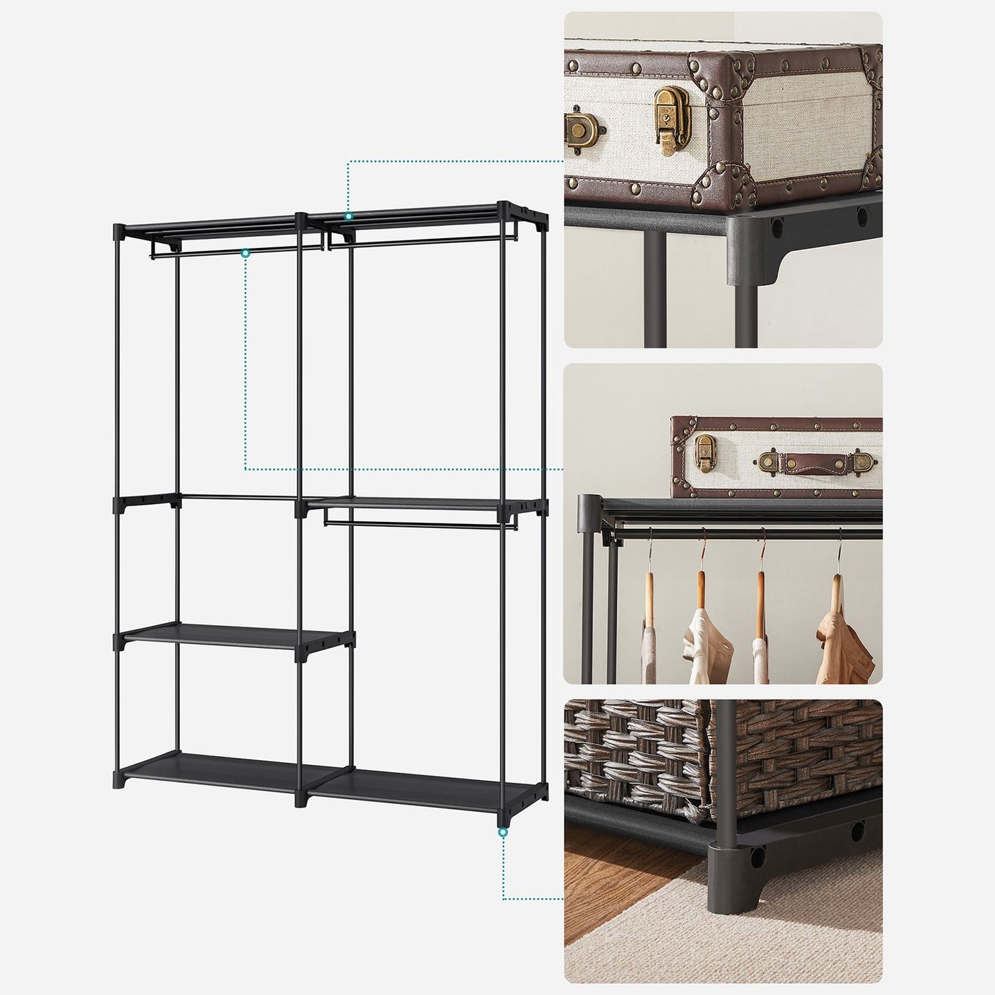 SONGMICS Clothes Wardrobe, Portable Closet, Clothes Garment Rack, 43 x 138 x 182 cm, 3 Hanging Rods and Shelves, Large Capacity for Bedroom, Living Room, Laundry Room, Black RYG025B02