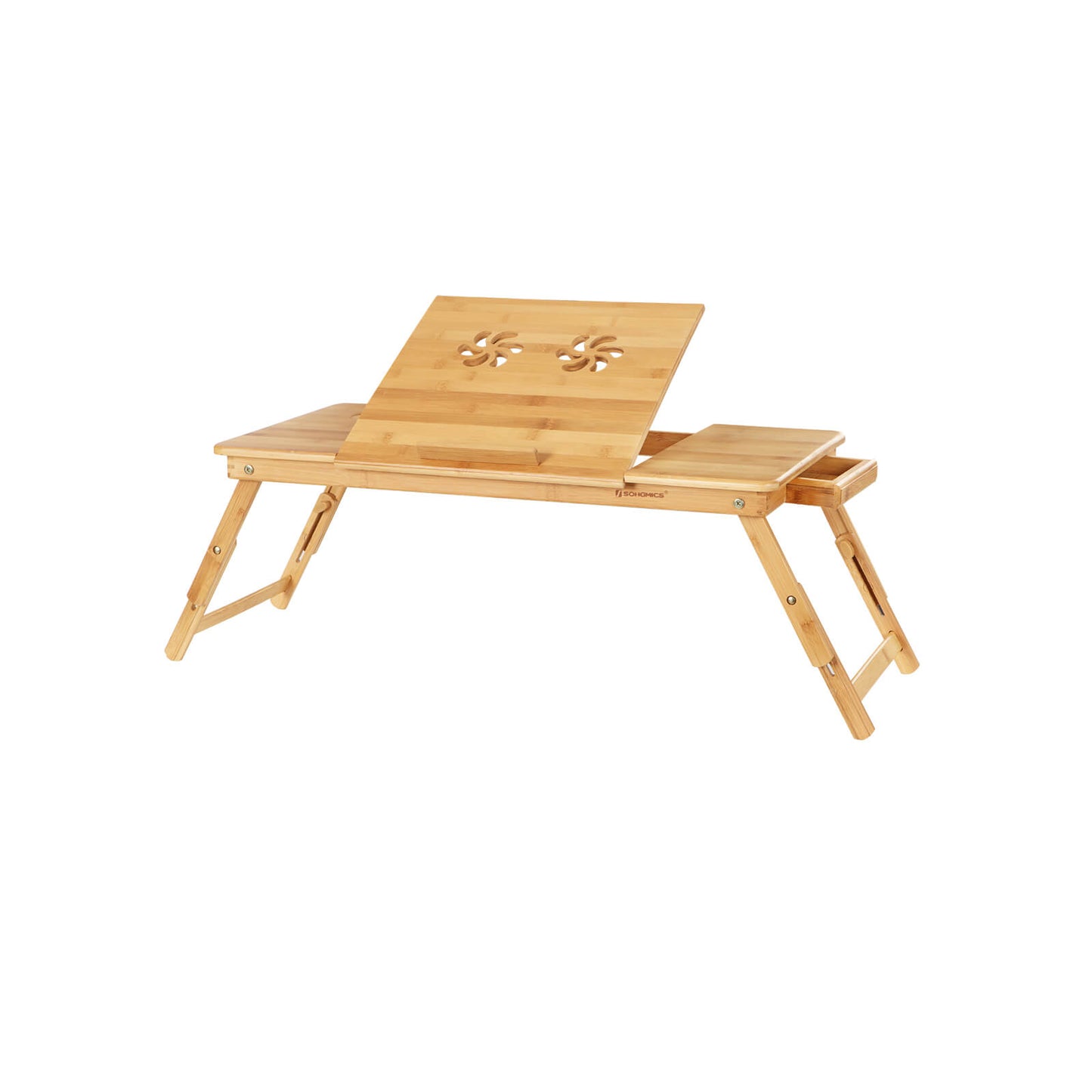 SONGMICS Bamboo Laptop Desk, Foldable Bed Table, for Left-hander, Right-hander, Height Adjustable Sofa Tray, 72 x (21-29) x 35 cm (B x H x T), with 5 Tilting Angles, Air Holes, Small Drawer LLD004