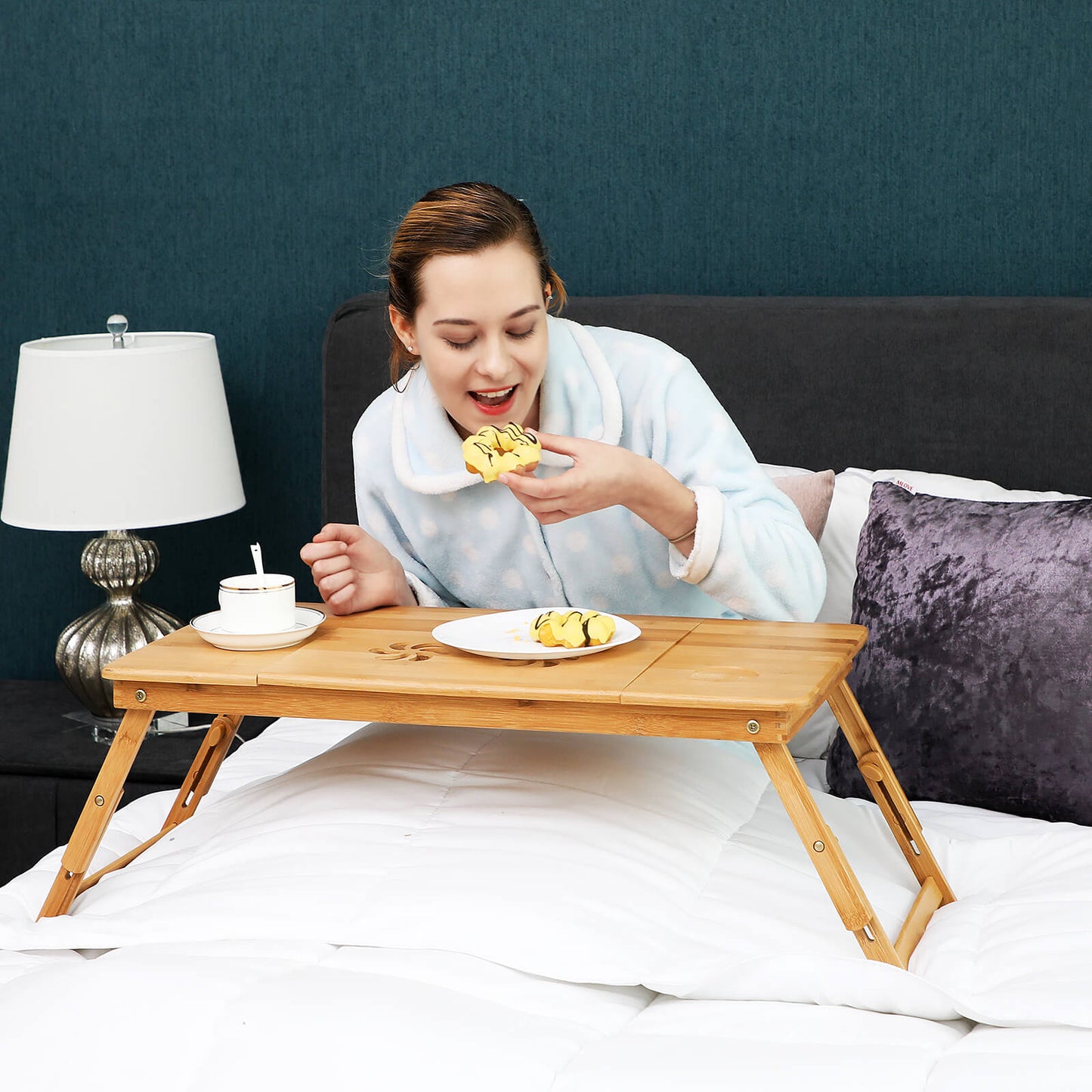 SONGMICS Bamboo Laptop Desk, Foldable Bed Table, for Left-hander, Right-hander, Height Adjustable Sofa Tray, 72 x (21-29) x 35 cm (B x H x T), with 5 Tilting Angles, Air Holes, Small Drawer LLD004