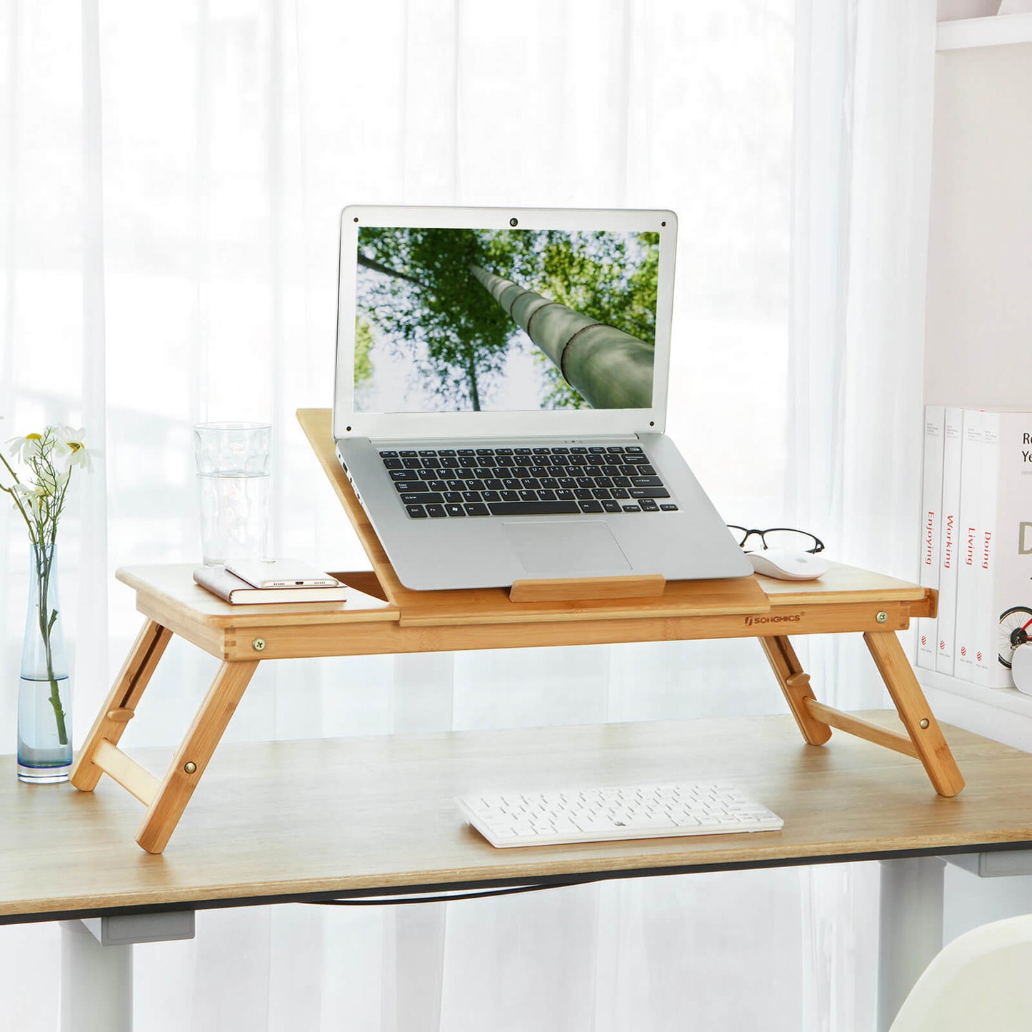 SONGMICS Bamboo Laptop Desk, Foldable Bed Table, for Left-hander, Right-hander, Height Adjustable Sofa Tray, 72 x (21-29) x 35 cm (B x H x T), with 5 Tilting Angles, Air Holes, Small Drawer LLD004