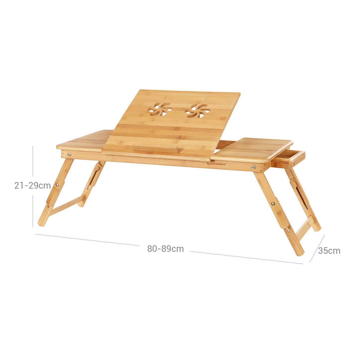 SONGMICS Bamboo Laptop Desk, Foldable Bed Table, for Left-hander, Right-hander, Height Adjustable Sofa Tray, 72 x (21-29) x 35 cm (B x H x T), with 5 Tilting Angles, Air Holes, Small Drawer LLD004