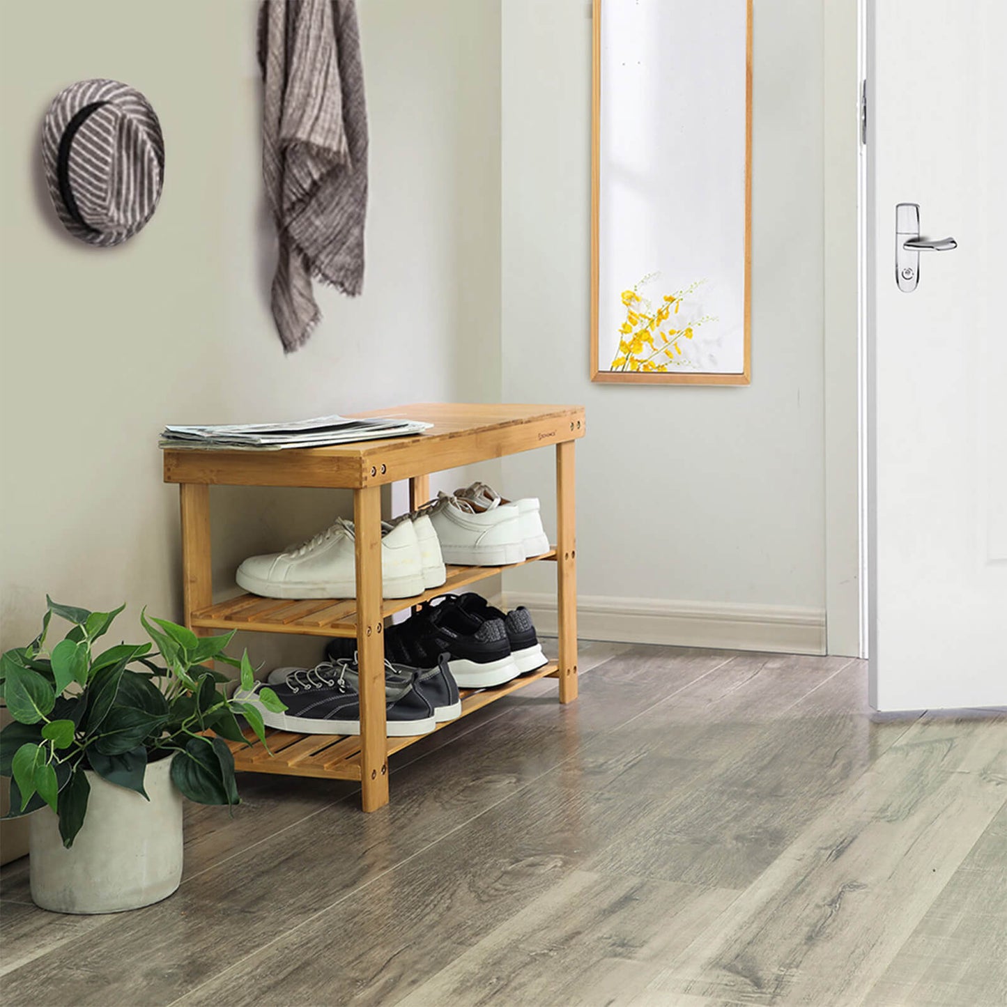 SONGMICS 3-Tier Bamboo Shoe Bench, Shoe Rack Storage Organizer, 70 x 28 x 45 cm, ideal for Hallway, Bathroom, Living Room and Corridor LBS04N